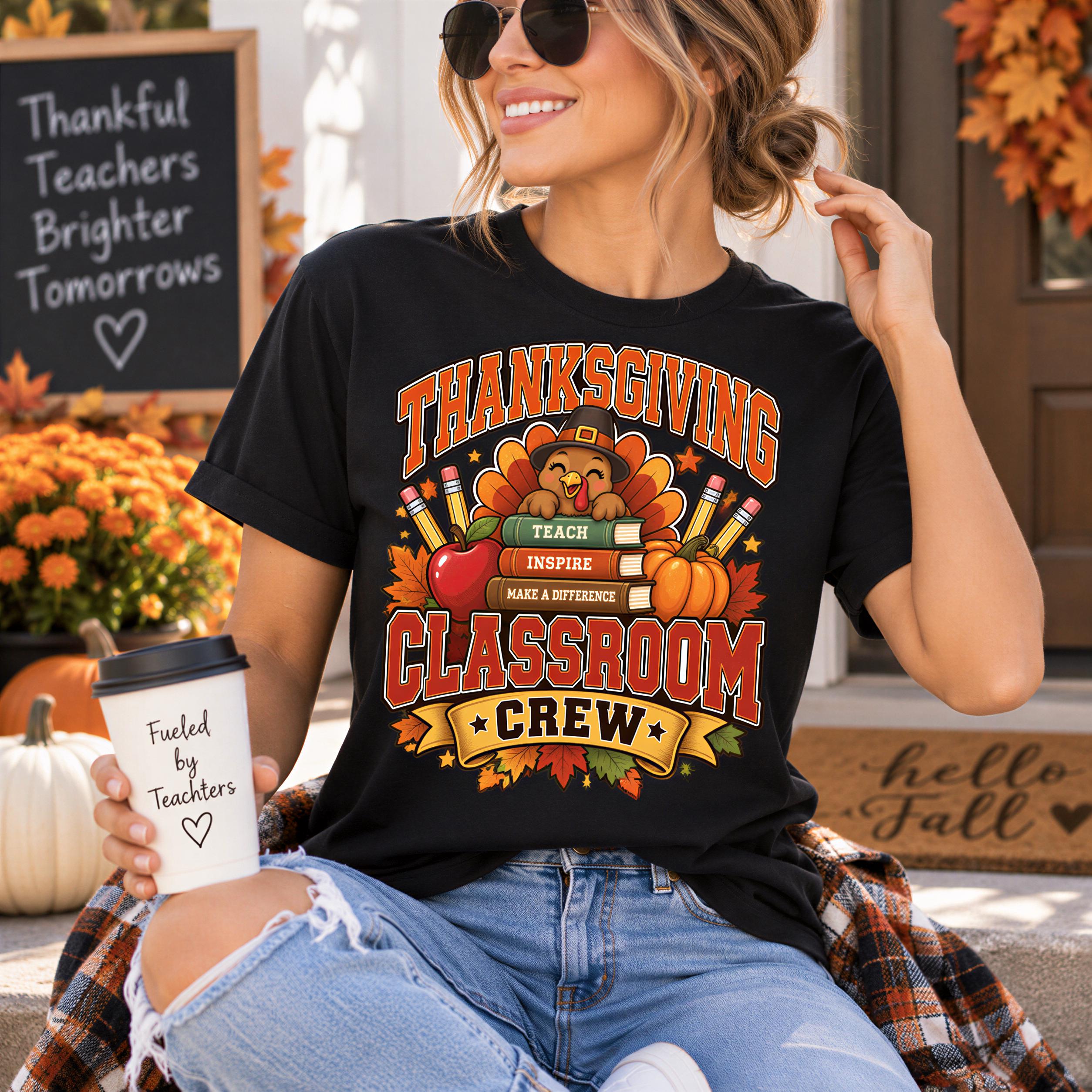 A woman wearing a black t-shirt with a Thanksgiving-themed graphic and holding a coffee cup, sitting on a step with a chalkboard sign in the background.