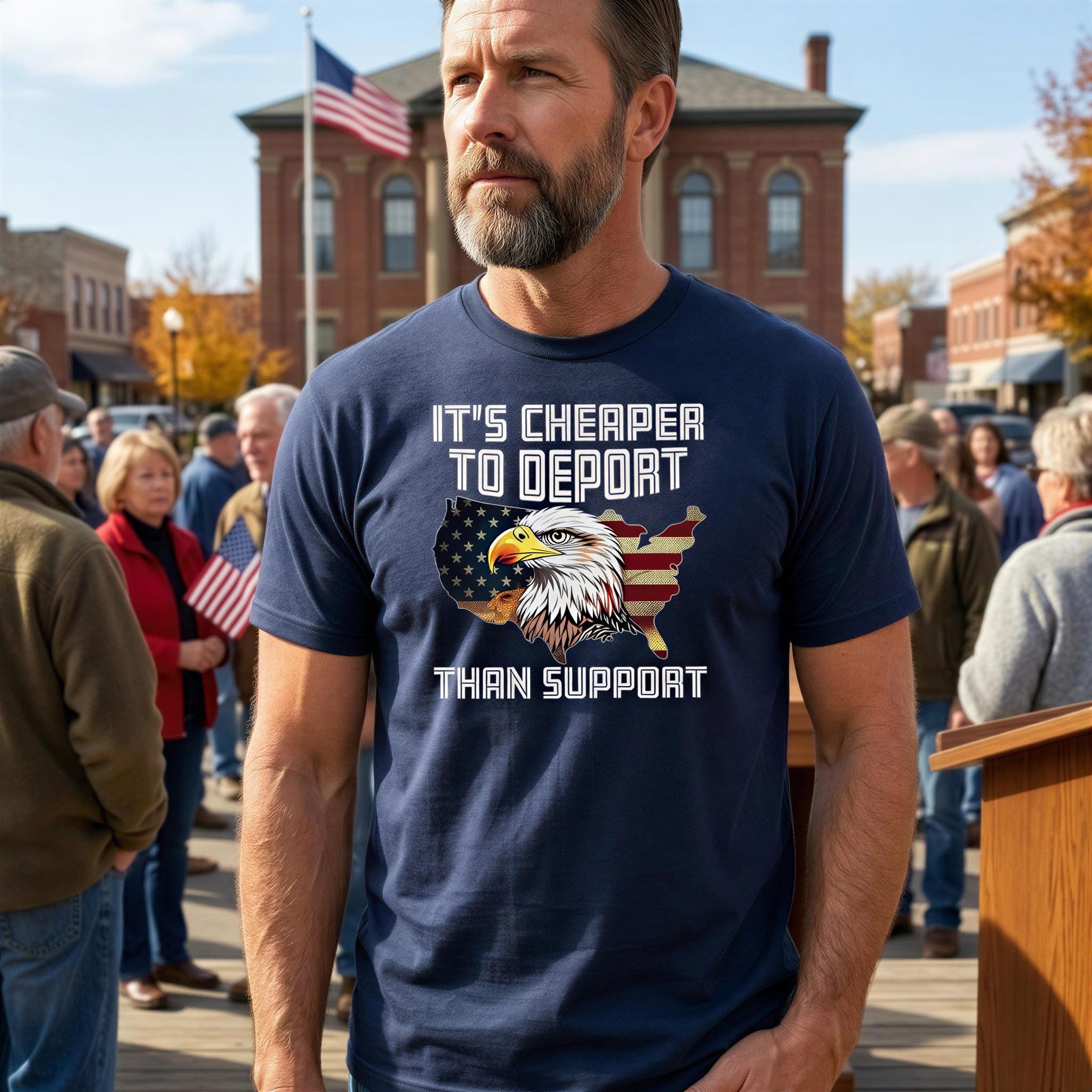 A man wearing a blue t-shirt with a graphic of an eagle and the text "It's cheaper to deport than support" stands in front of a crowd of people.