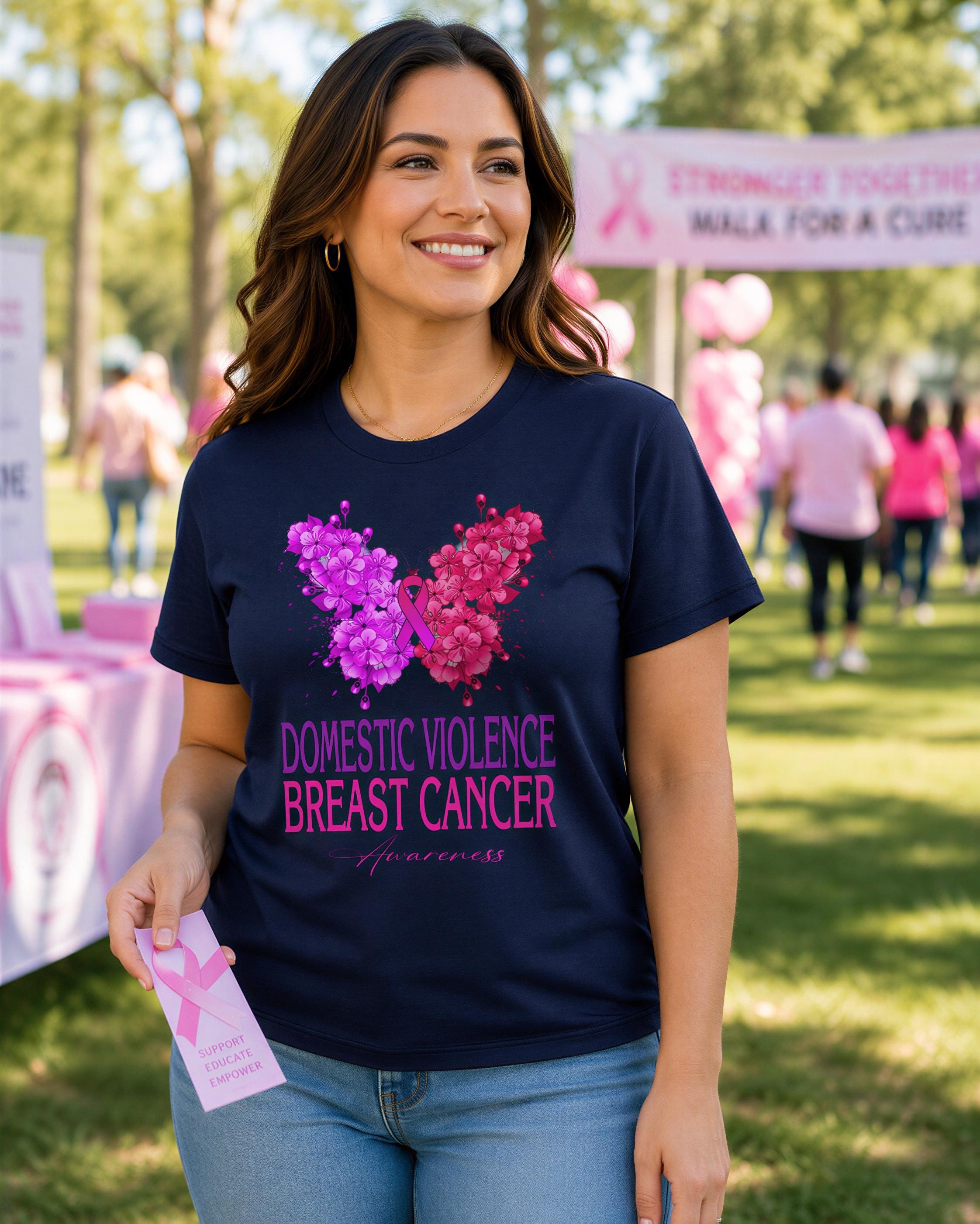 A woman wearing a black t-shirt with a pink butterfly design and pink flowers, holding a pink ribbon and smiling at the camera.