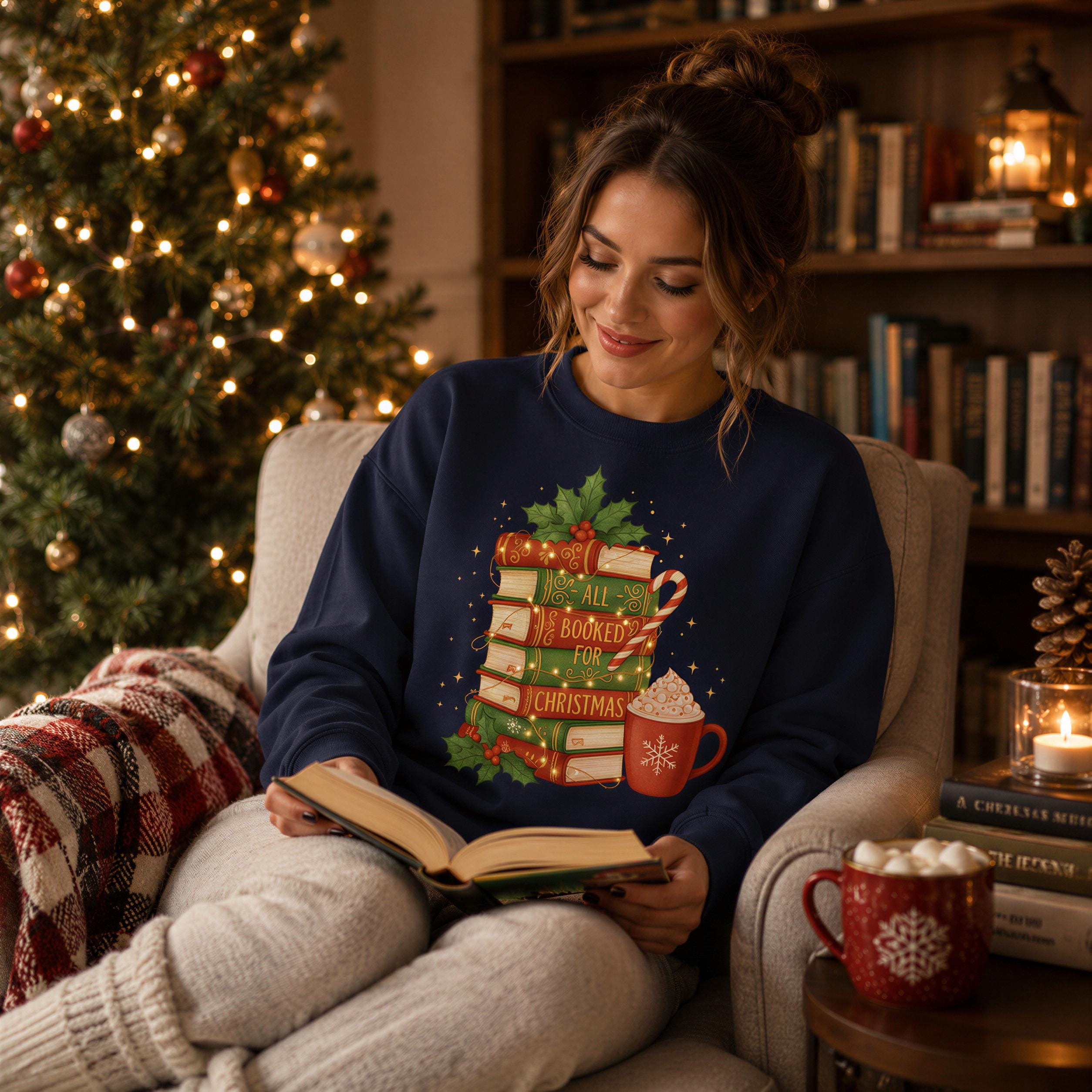 A woman is sitting in a chair, reading a book, with a Christmas tree and bookshelf in the background.