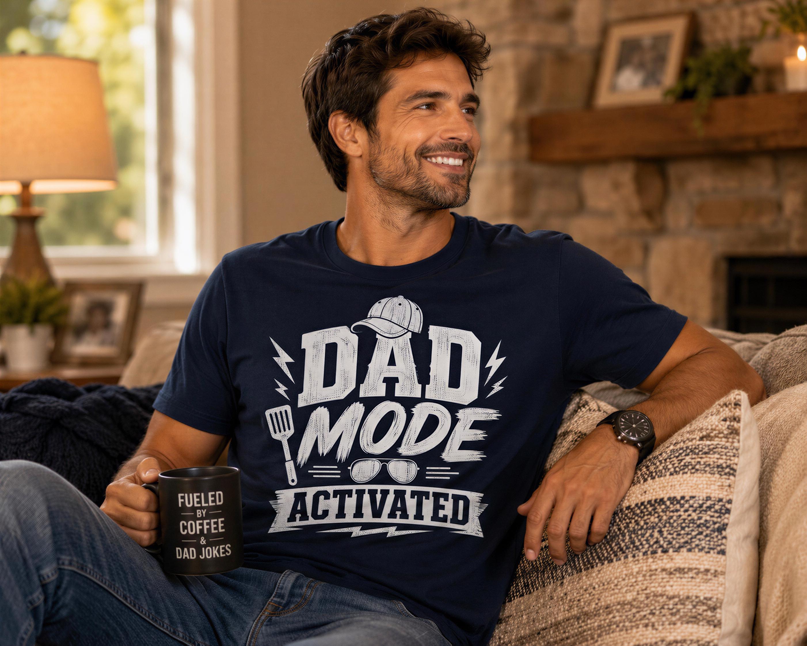 A man wearing a navy blue t-shirt with a humorous text and a mug is sitting on a couch in a cozy living room.