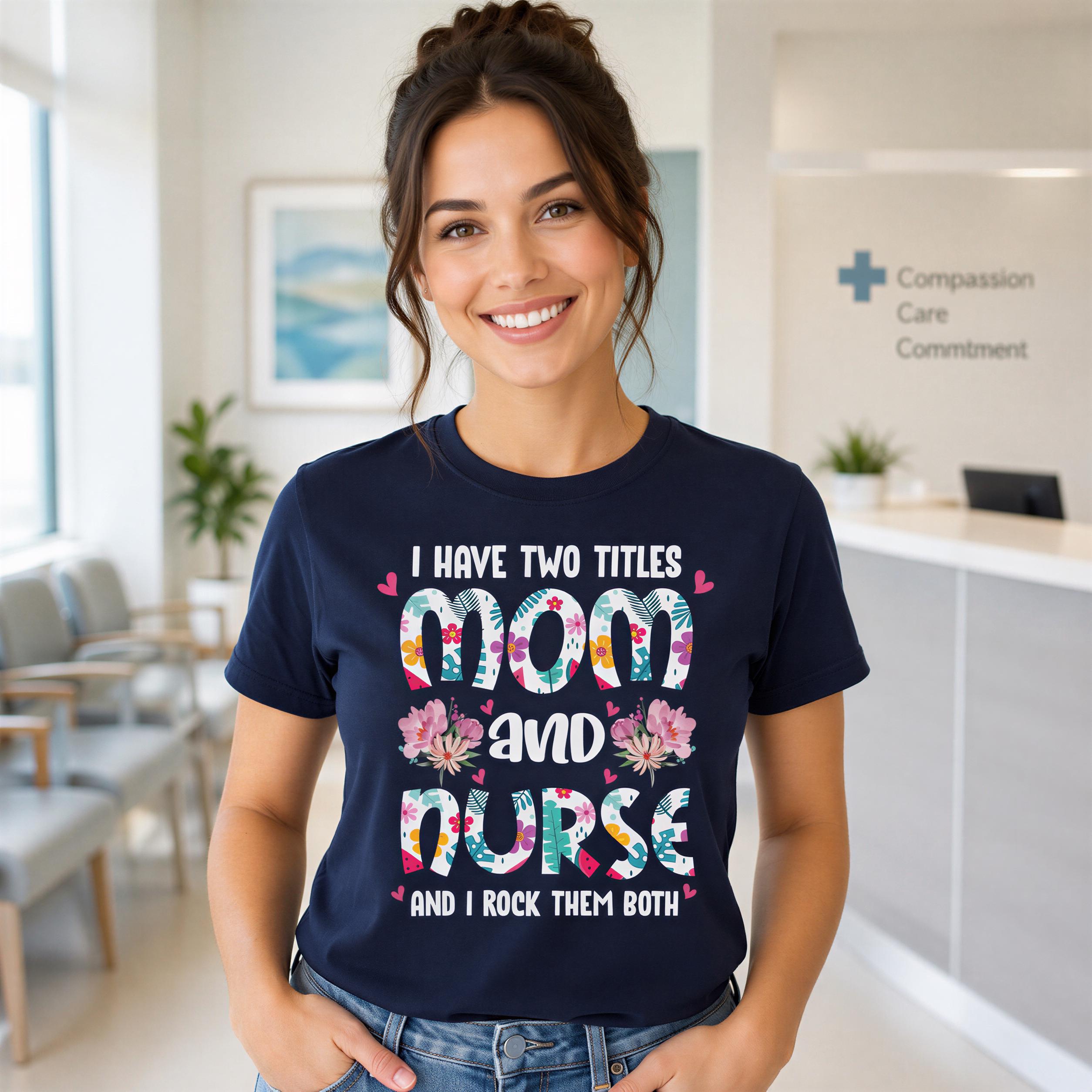 A woman wearing a navy blue t-shirt with a humorous text printed on it, smiling at the camera.