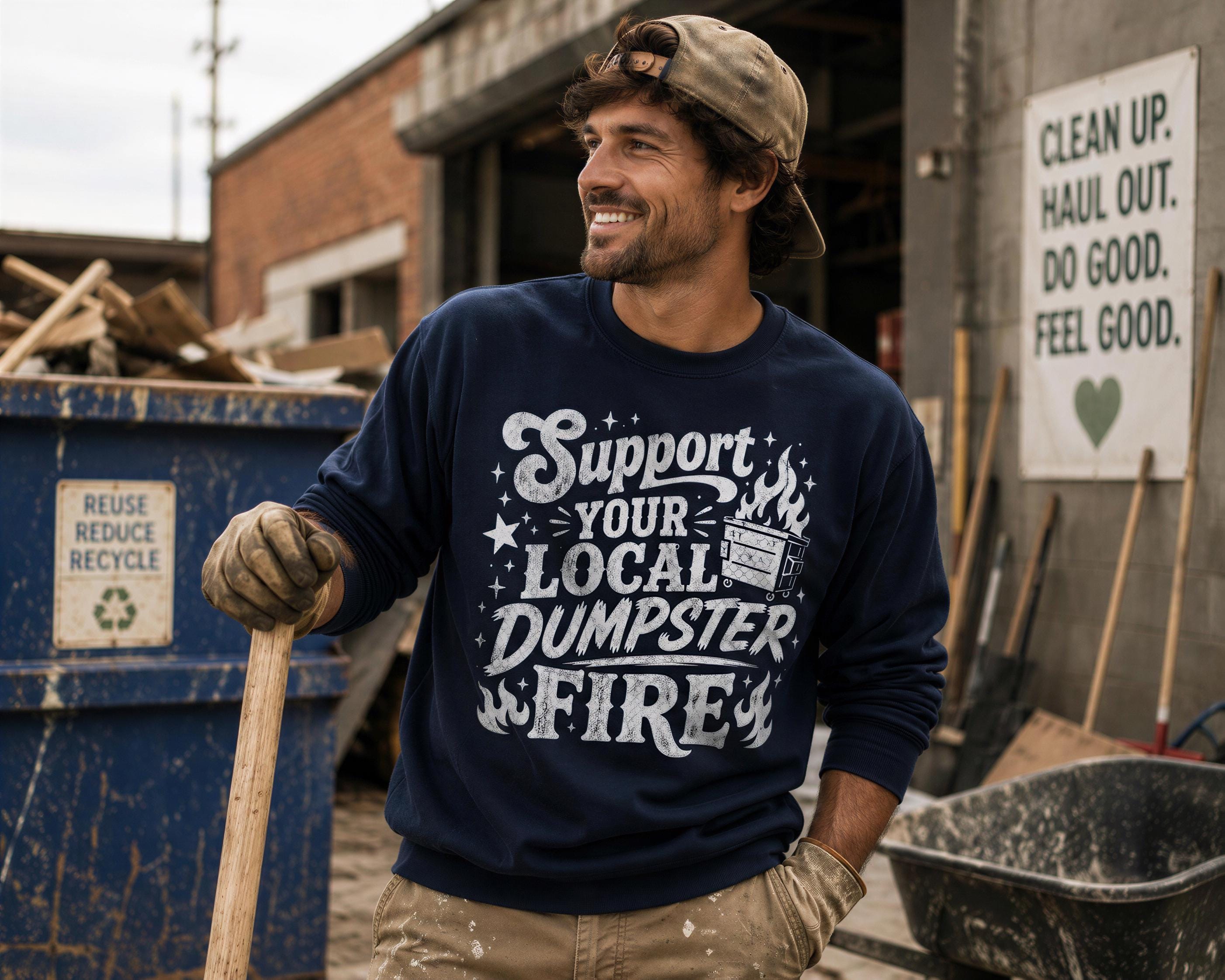 A man wearing a blue sweatshirt with a message about supporting local dumpsters is standing in front of a dumpster and holding a shovel.