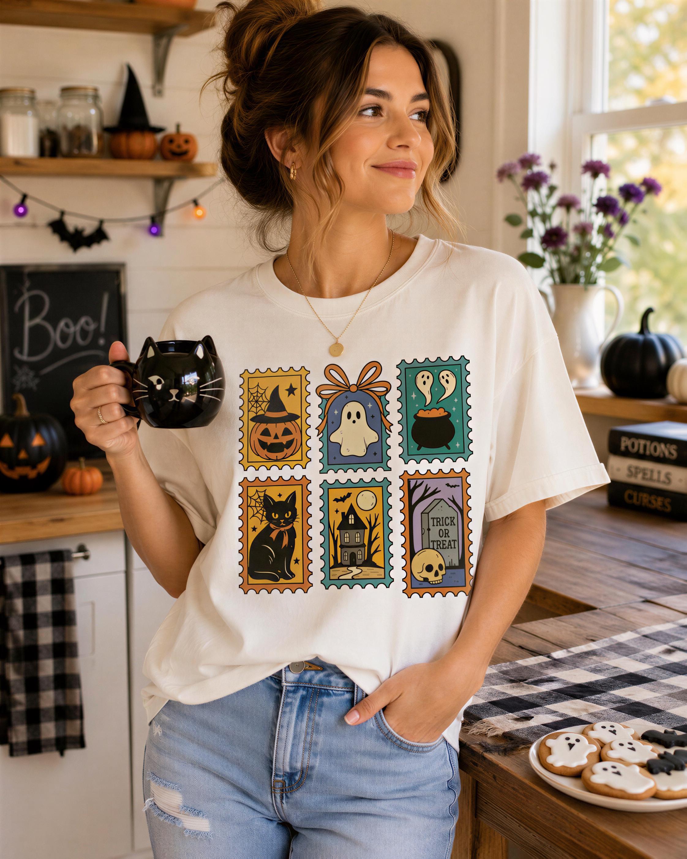 A woman wearing a white t-shirt with a Halloween-themed graphic and holding a black mug with a cat design is standing in a kitchen with Halloween decorations and a plate of cookies on the counter.