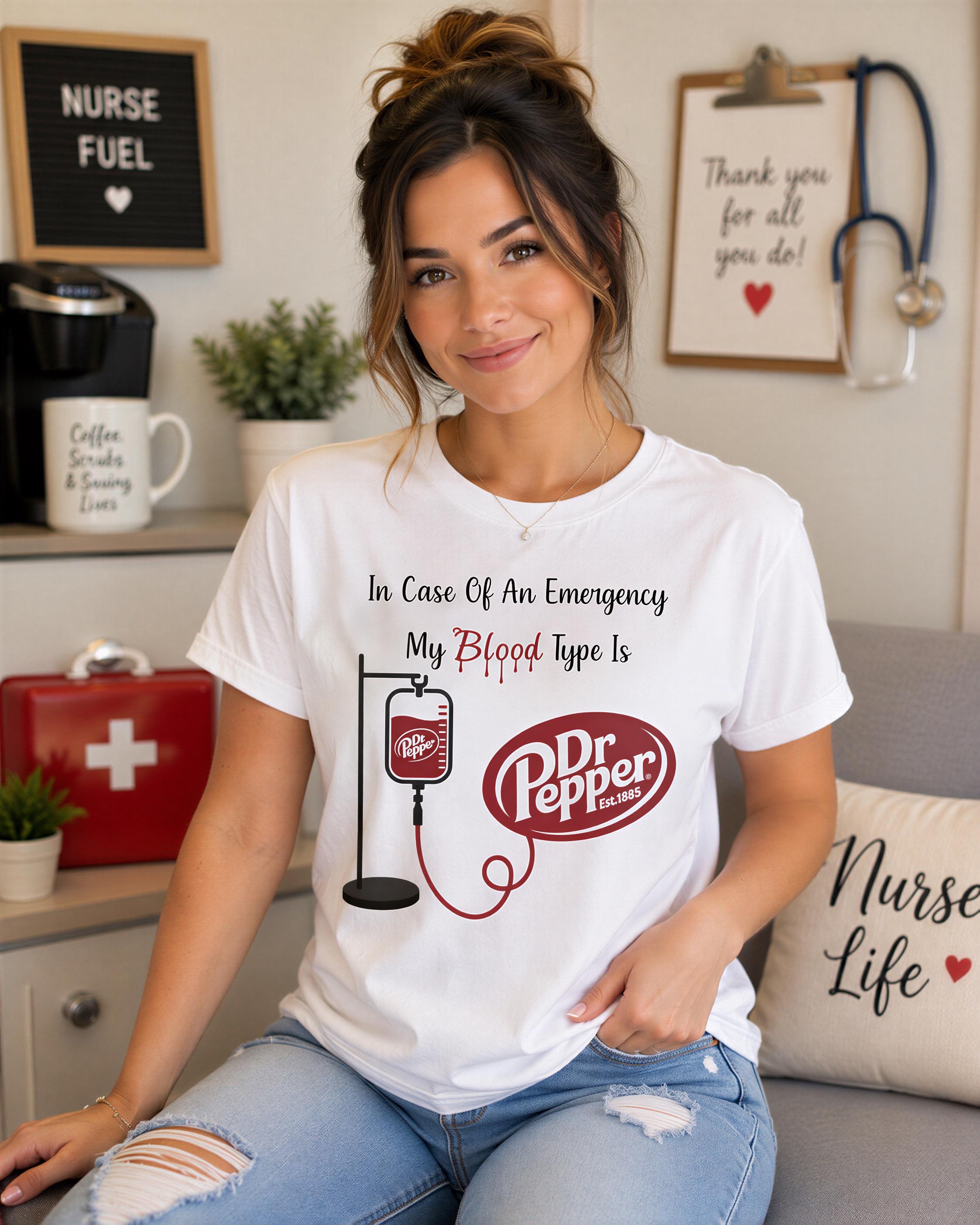 A woman wearing a white t-shirt with a humorous text and graphic design related to emergency preparedness and nursing.