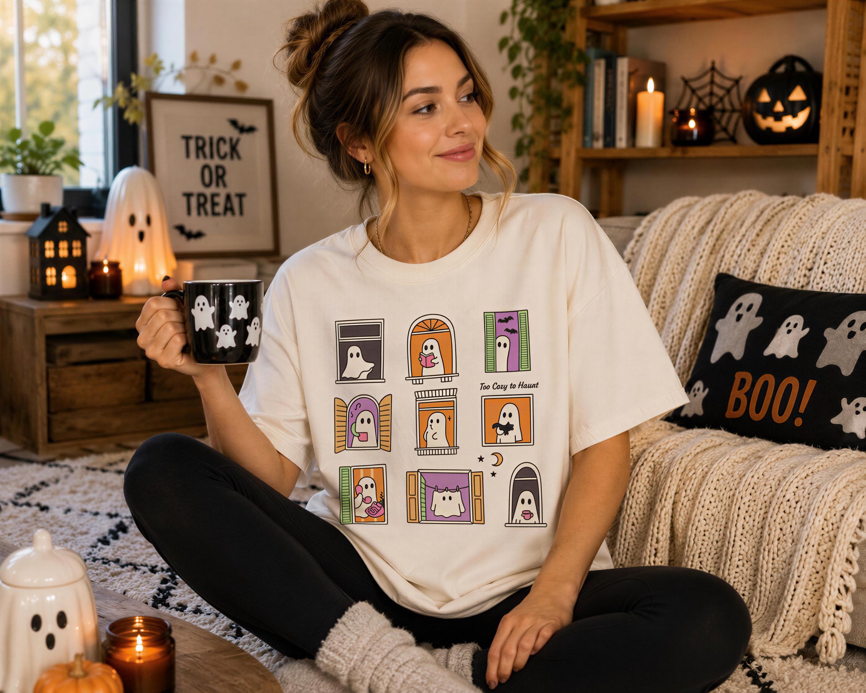A woman sitting on a couch in a cozy, Halloween-themed living room, holding a mug with a graphic of a ghost.