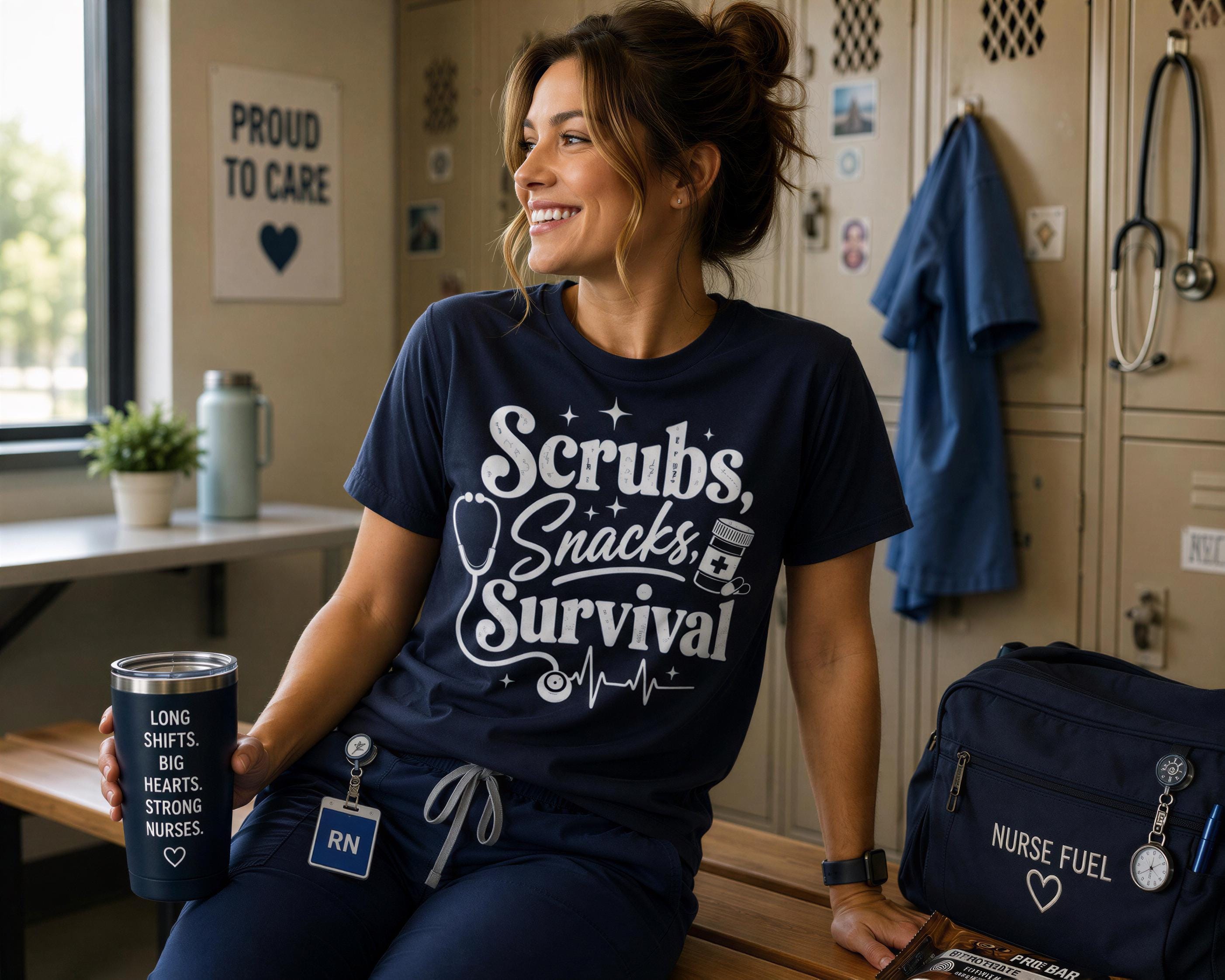 A woman wearing a blue t-shirt with the text "Scrubs, Snacks, Survival" is sitting on a bench in a room with medical equipment and supplies visible in the background.