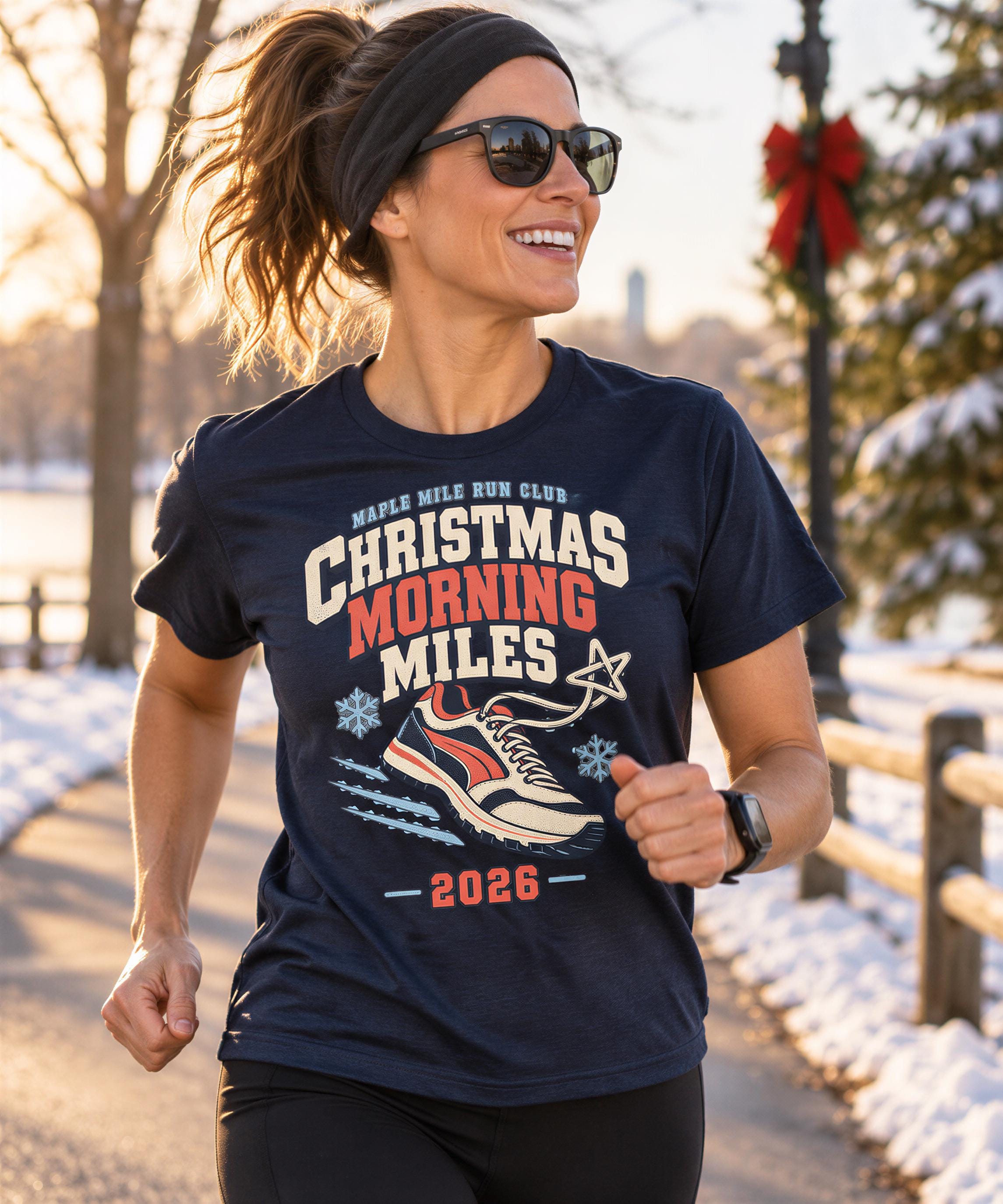 A woman wearing a black t-shirt with a graphic design and smiling while running on a path with snow-covered trees in the background.