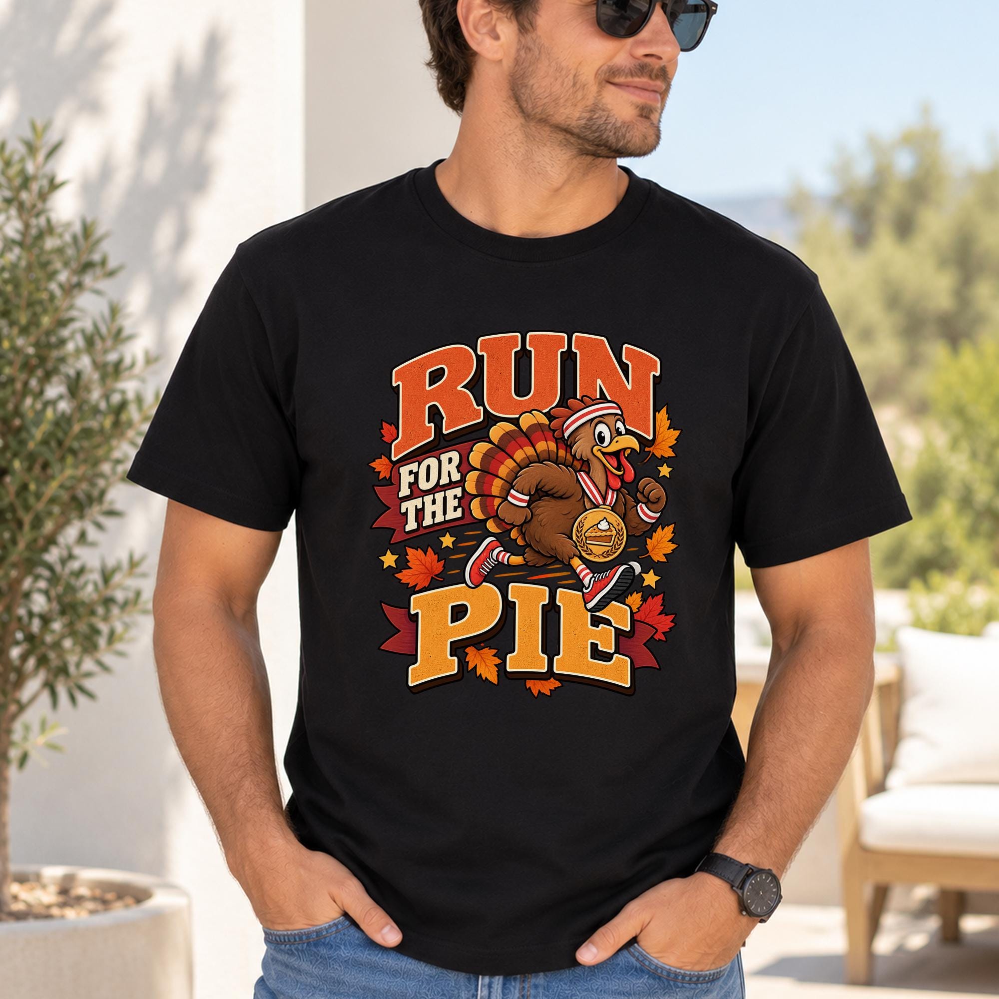 A man wearing a black t-shirt with a graphic design of a turkey running and the text "RUN FOR THE PIE" printed on it.