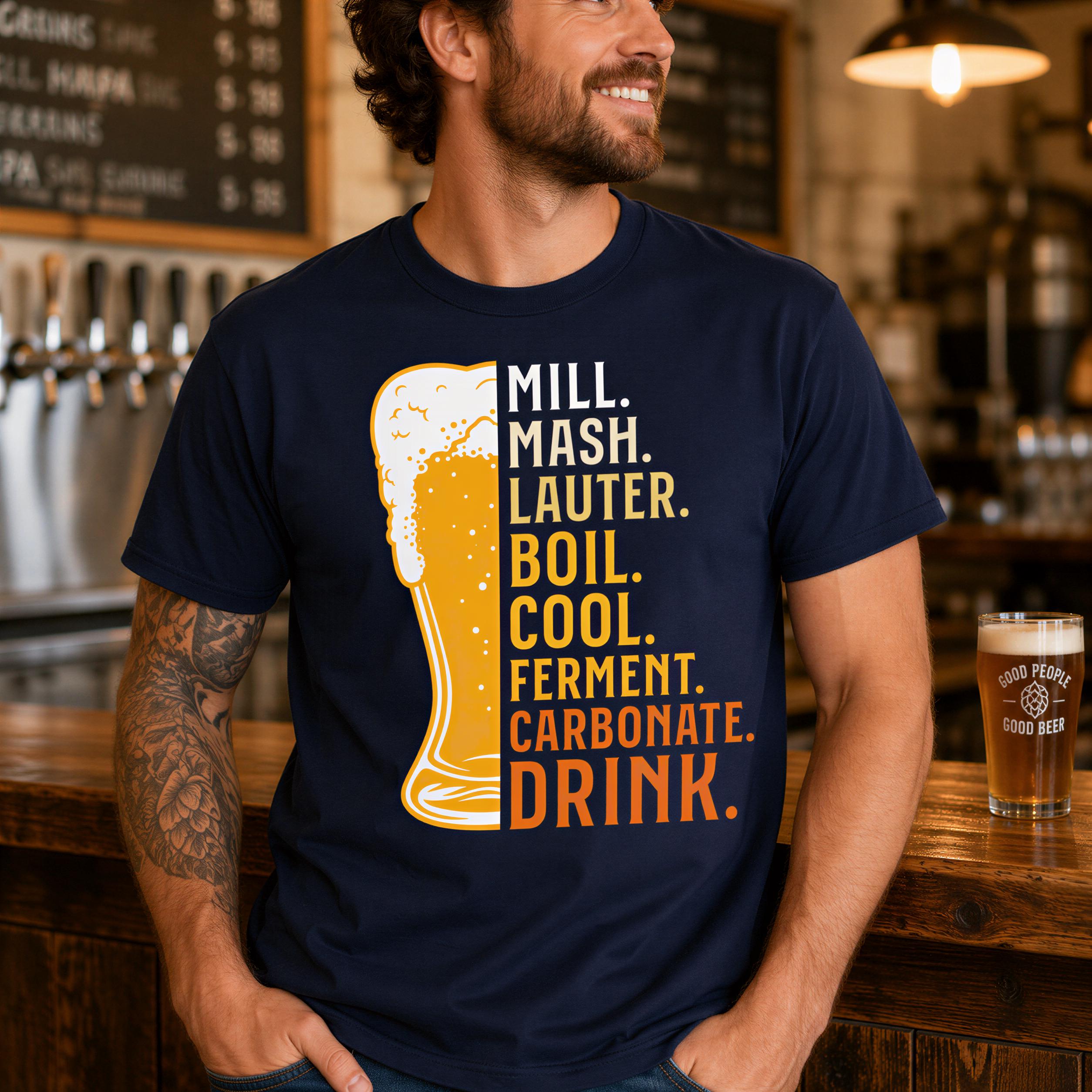 A man wearing a blue t-shirt with text printed on it, standing in front of a bar.