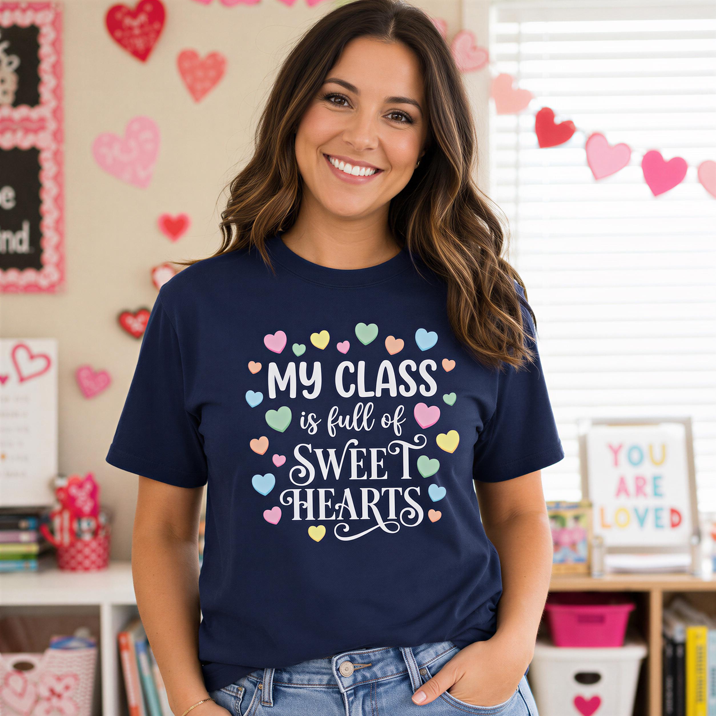 A smiling woman wearing a navy blue t-shirt with a heart-shaped design and text that says "My class is full of sweet hearts".