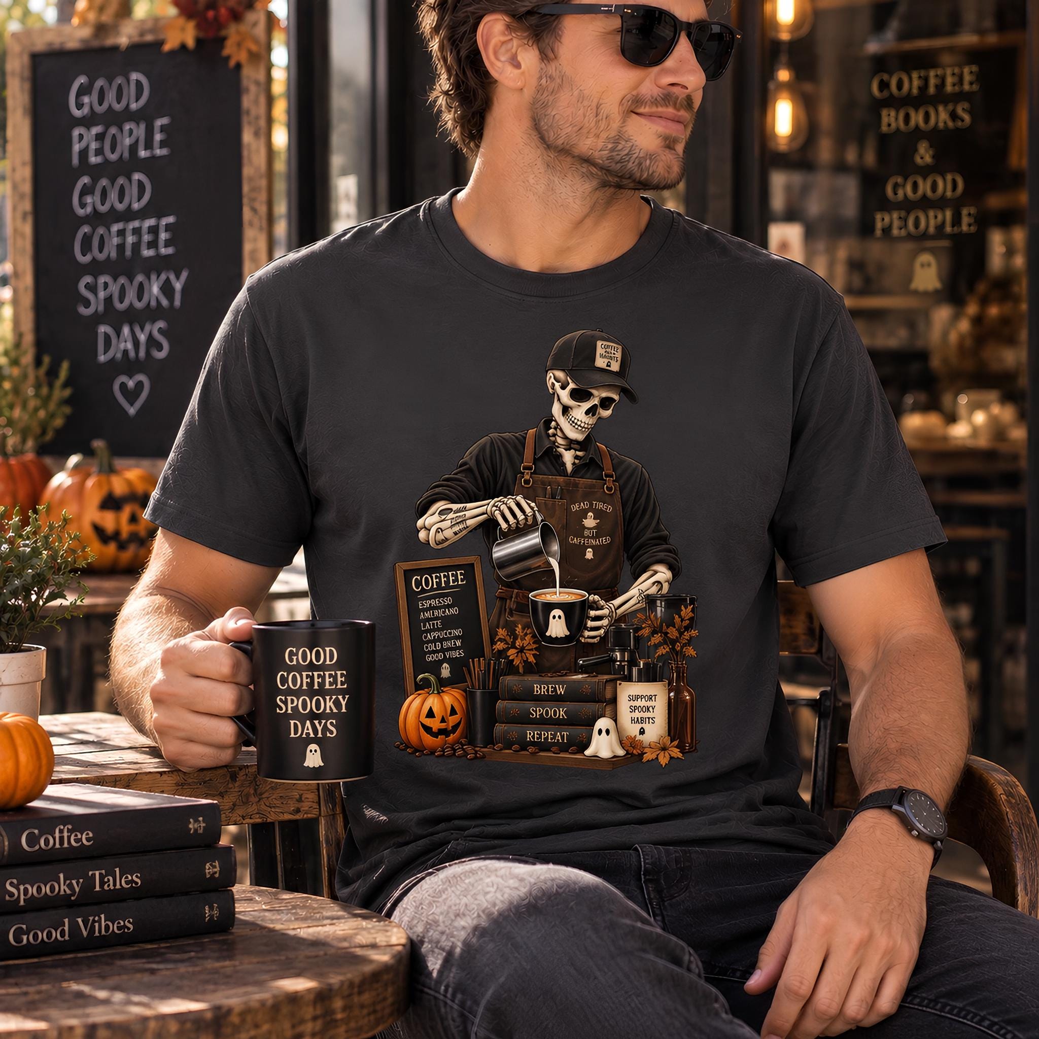 A man wearing a t-shirt with a skeleton coffee shop design is sitting at a table with a coffee mug and a stack of books.