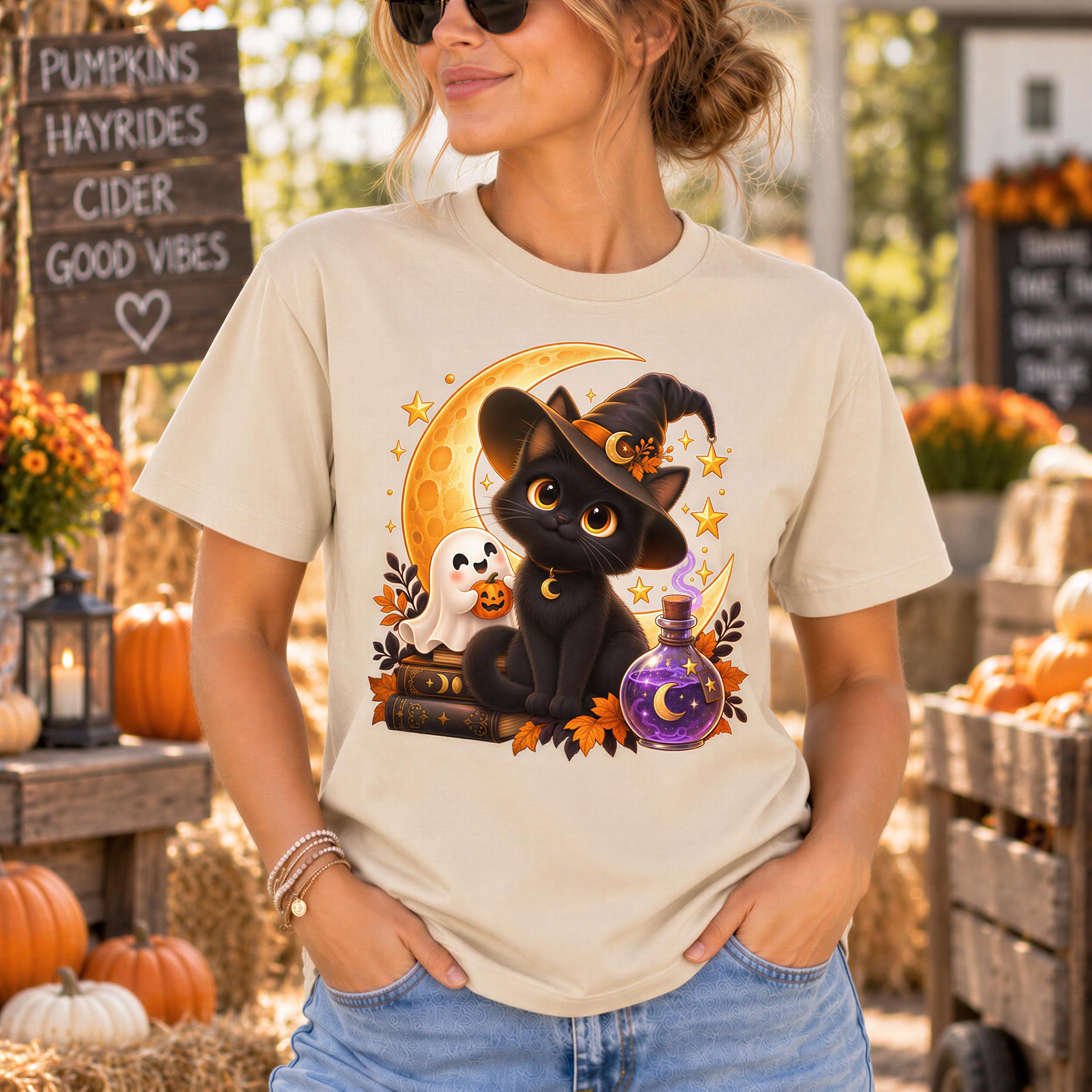 A woman wearing a t-shirt with a Halloween-themed graphic of a cat, a ghost, and a crescent moon.
