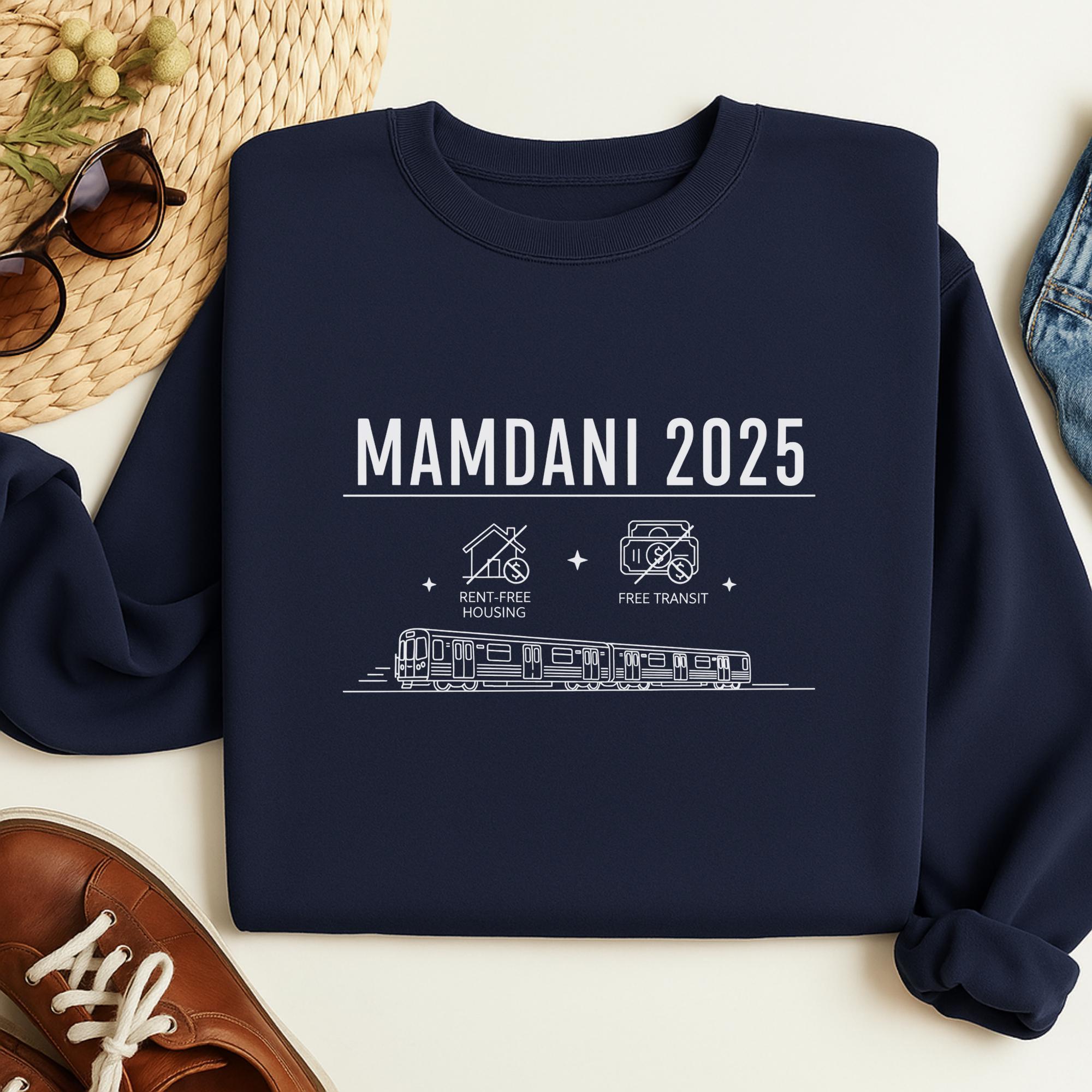 A navy blue sweatshirt with white text and graphics, including a train and housing icons, is displayed on a white surface alongside other items such as sunglasses, a woven mat, and a pair of shoes.