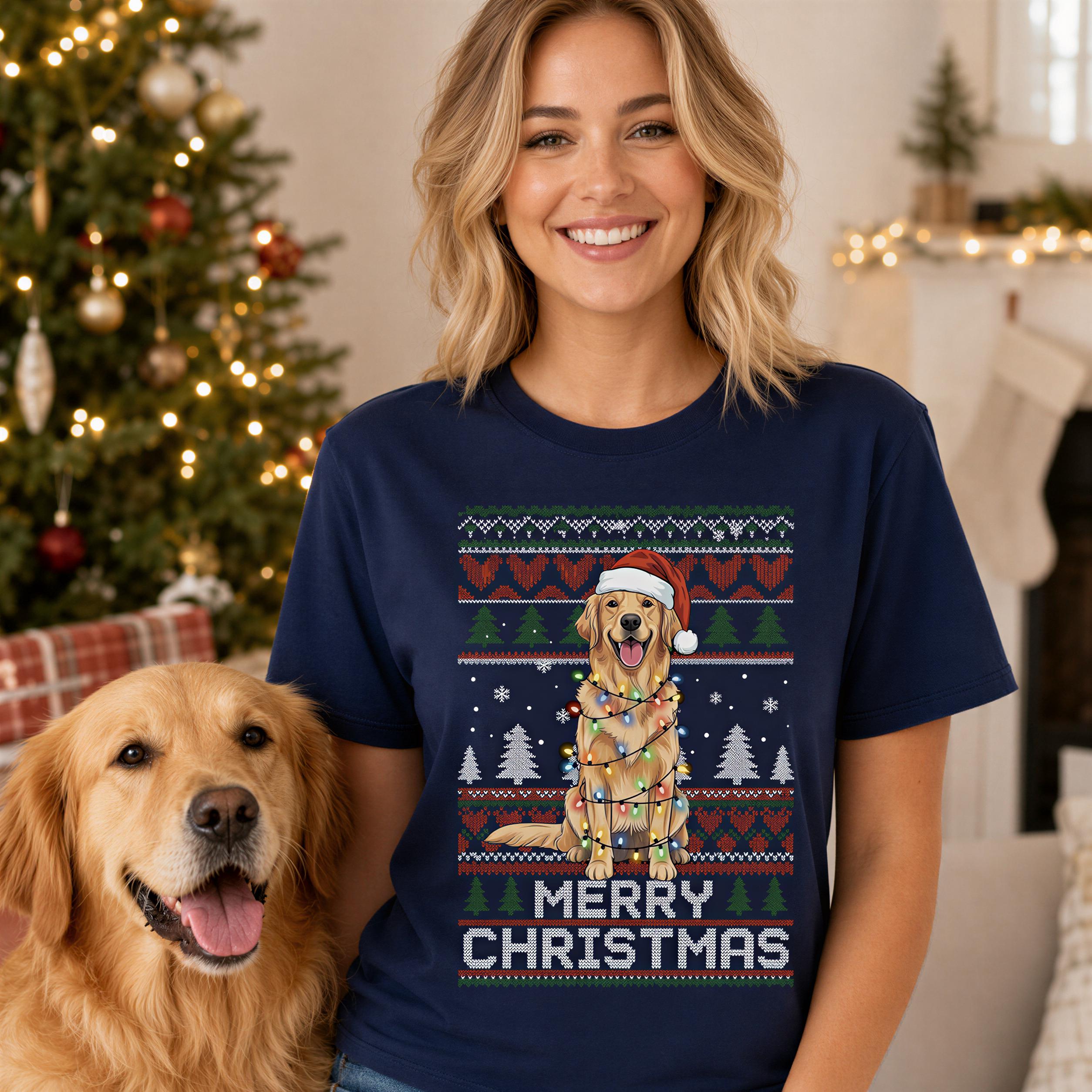 A woman wearing a navy blue t-shirt with a Christmas-themed graphic of a golden retriever wearing a Santa hat, standing next to a golden retriever dog.