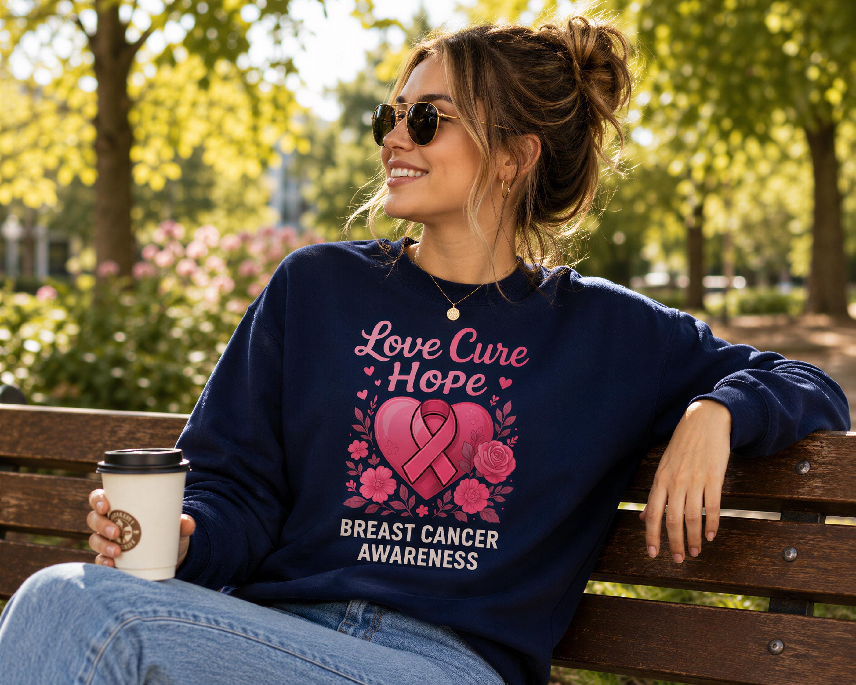 A woman wearing a navy blue sweatshirt with pink and white text and a pink ribbon graphic is sitting on a wooden bench, holding a coffee cup.