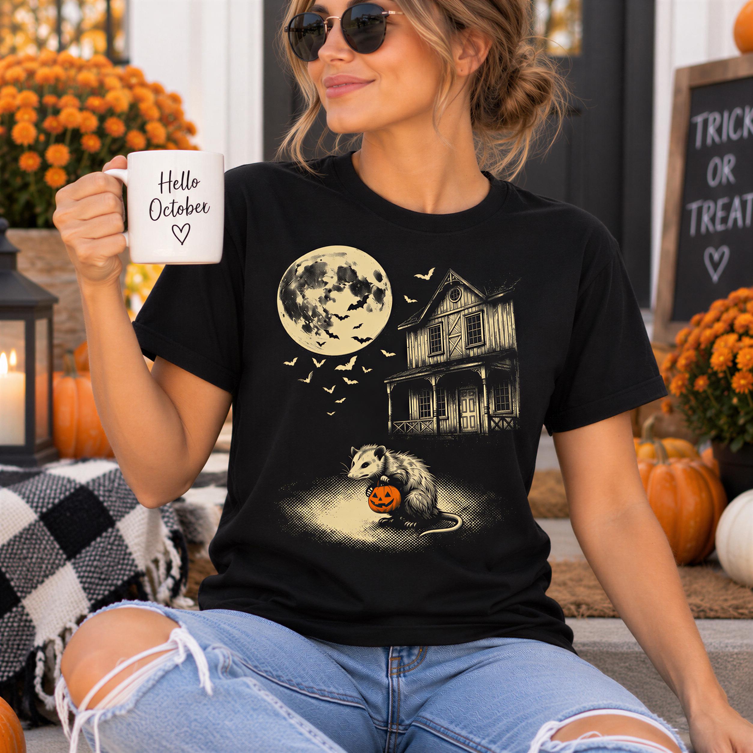 A woman wearing a black t-shirt with a Halloween-themed graphic and holding a mug with the text "Hello October" is sitting on a porch surrounded by pumpkins and other fall decorations.