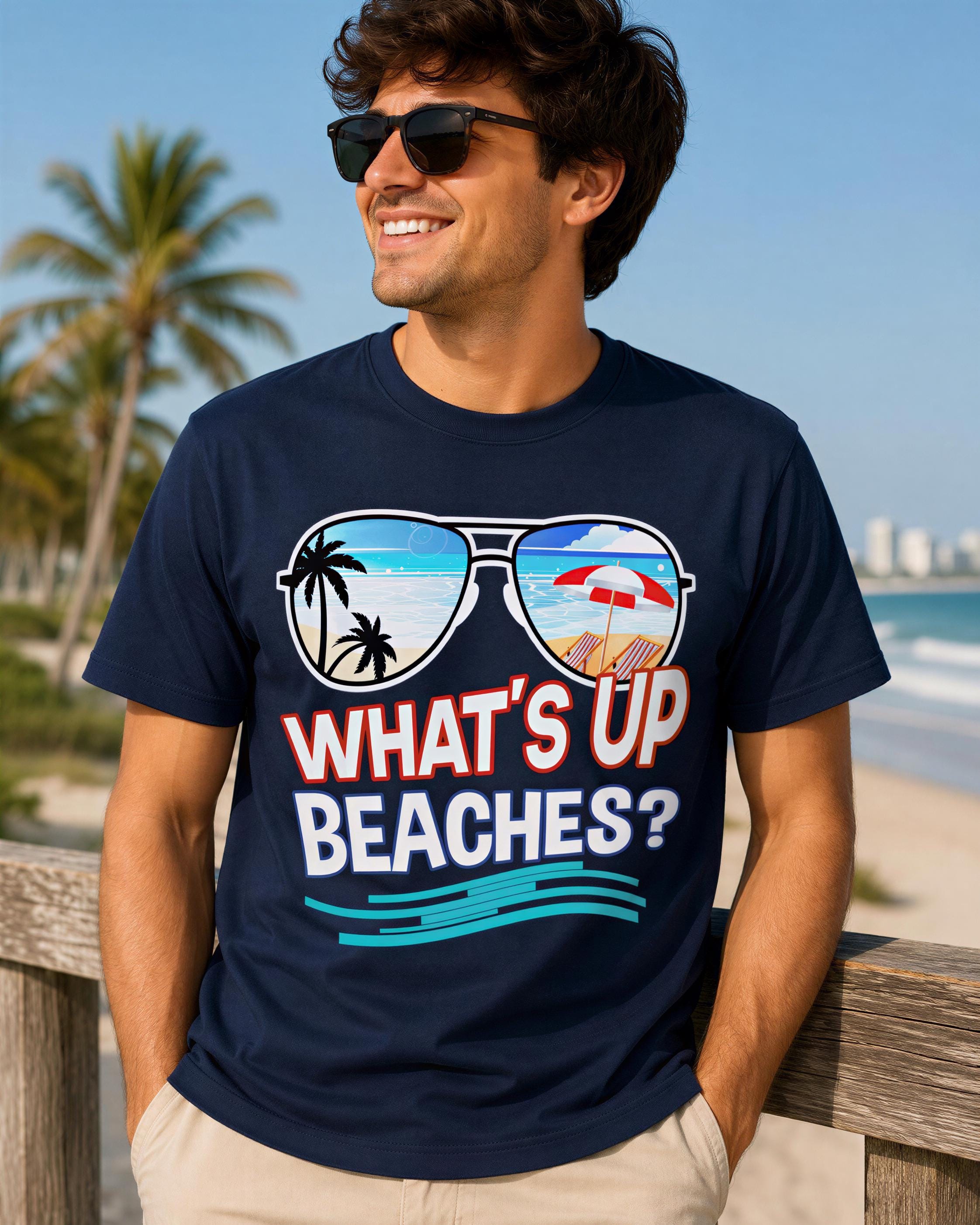 A man wearing a navy blue t-shirt with a graphic design of sunglasses and beach-themed text, smiling and posing on a beach.