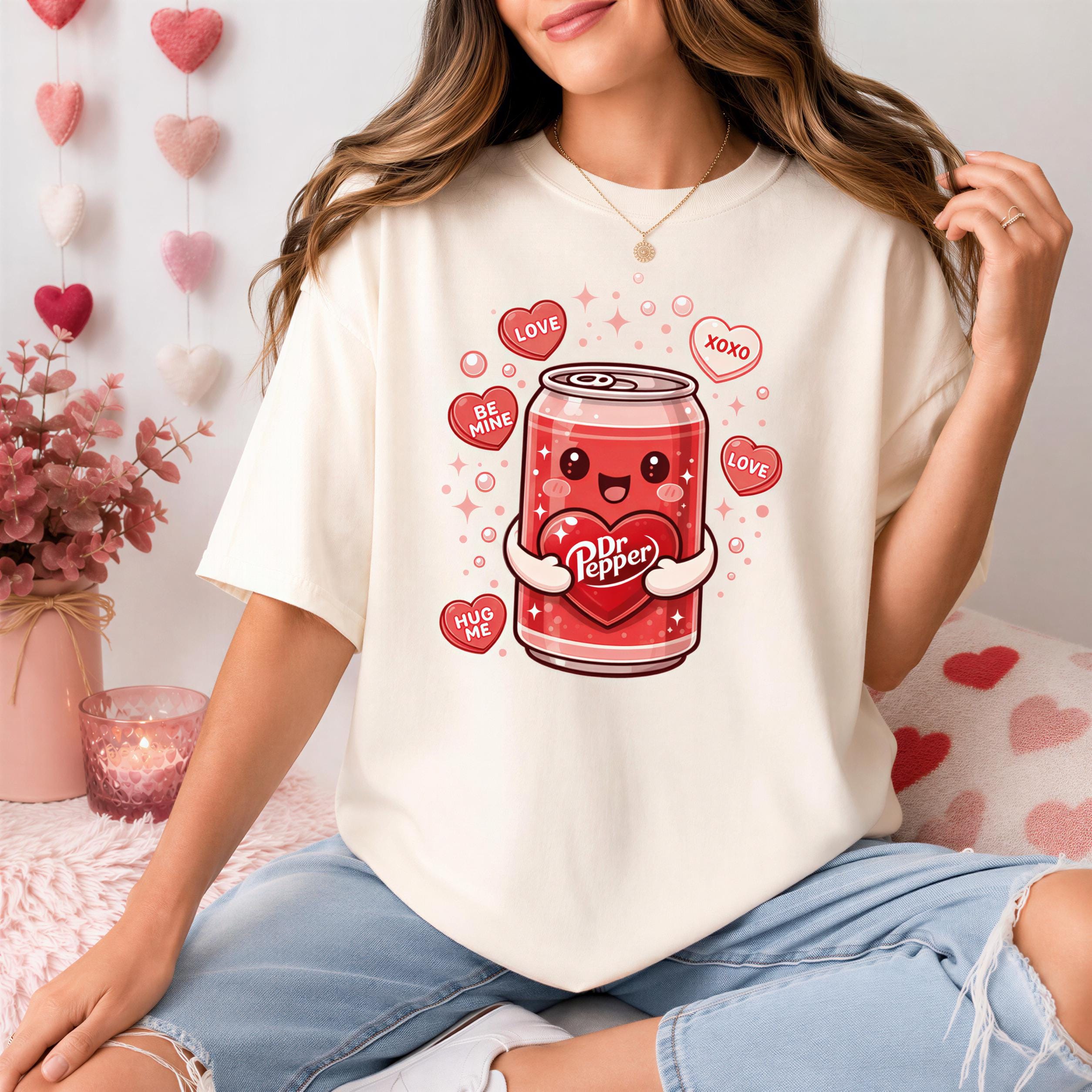 A woman wearing a white t-shirt with a graphic of a can of soda and hearts surrounding it.