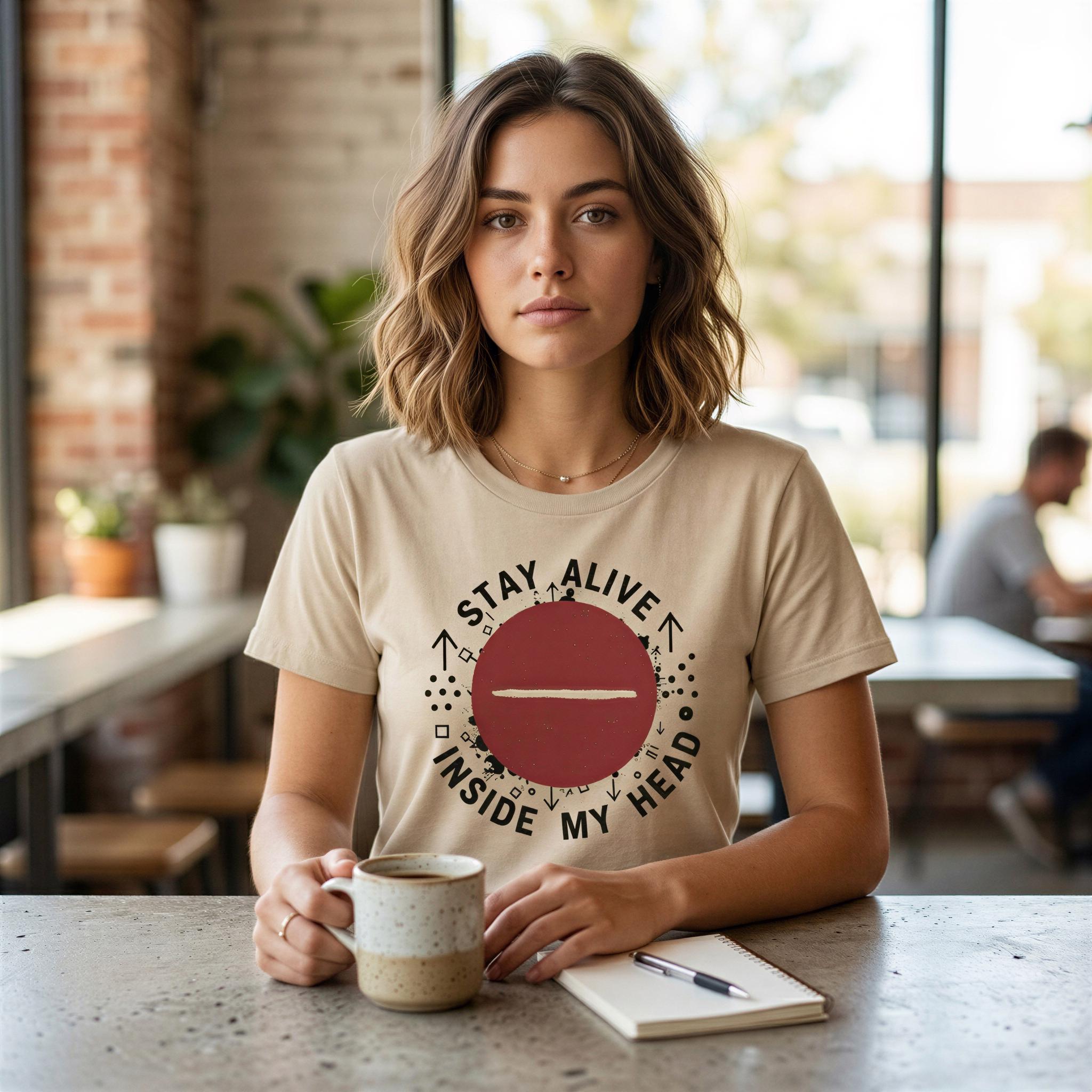 A young woman with wavy brown hair is sitting at a table in a cafe, holding a coffee mug and a notebook.