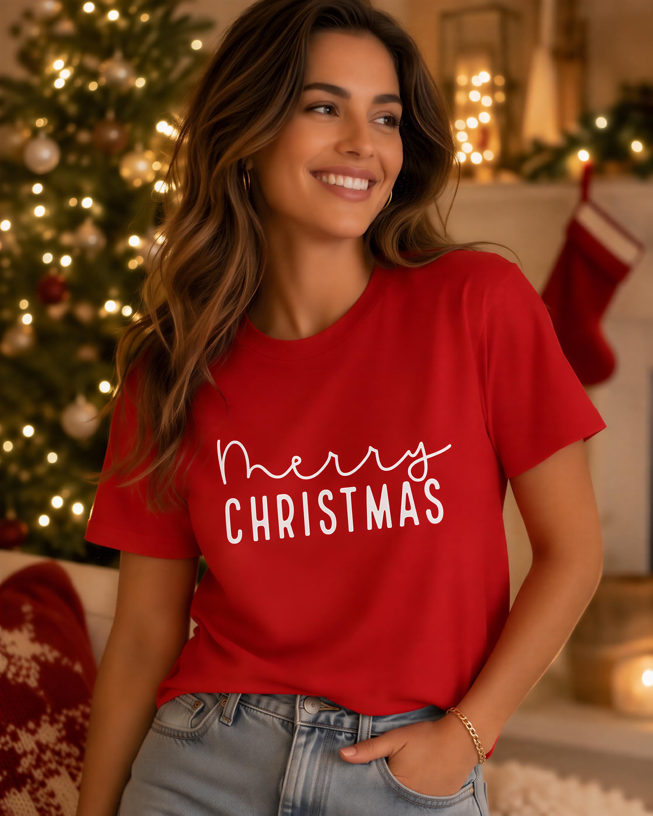 A woman wearing a red t-shirt with the text "Merry Christmas" smiling and posing in front of a Christmas tree.