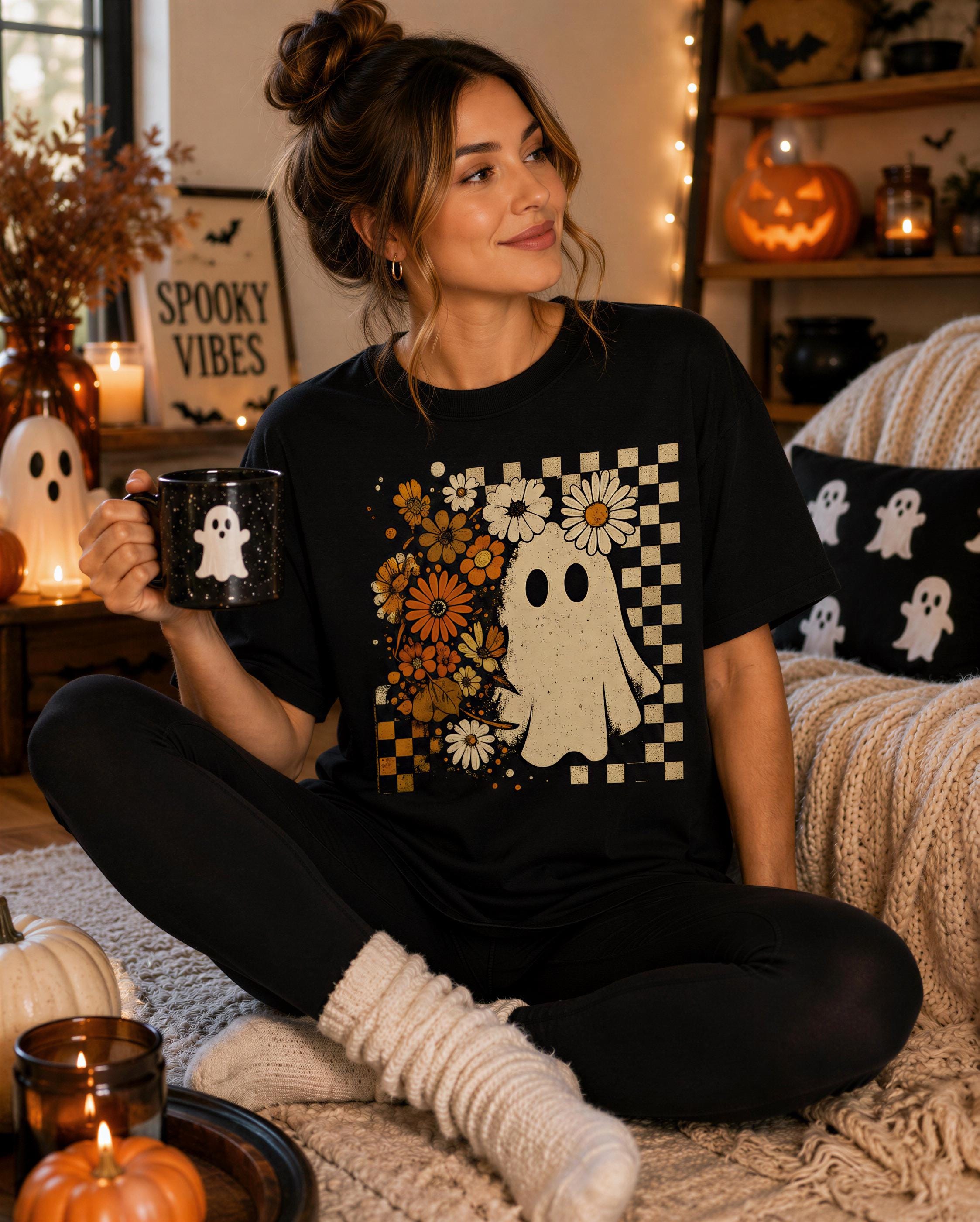 A woman sitting on the floor wearing a black t-shirt with a graphic of a ghost and flowers, holding a mug, and surrounded by Halloween decorations and a pumpkin.