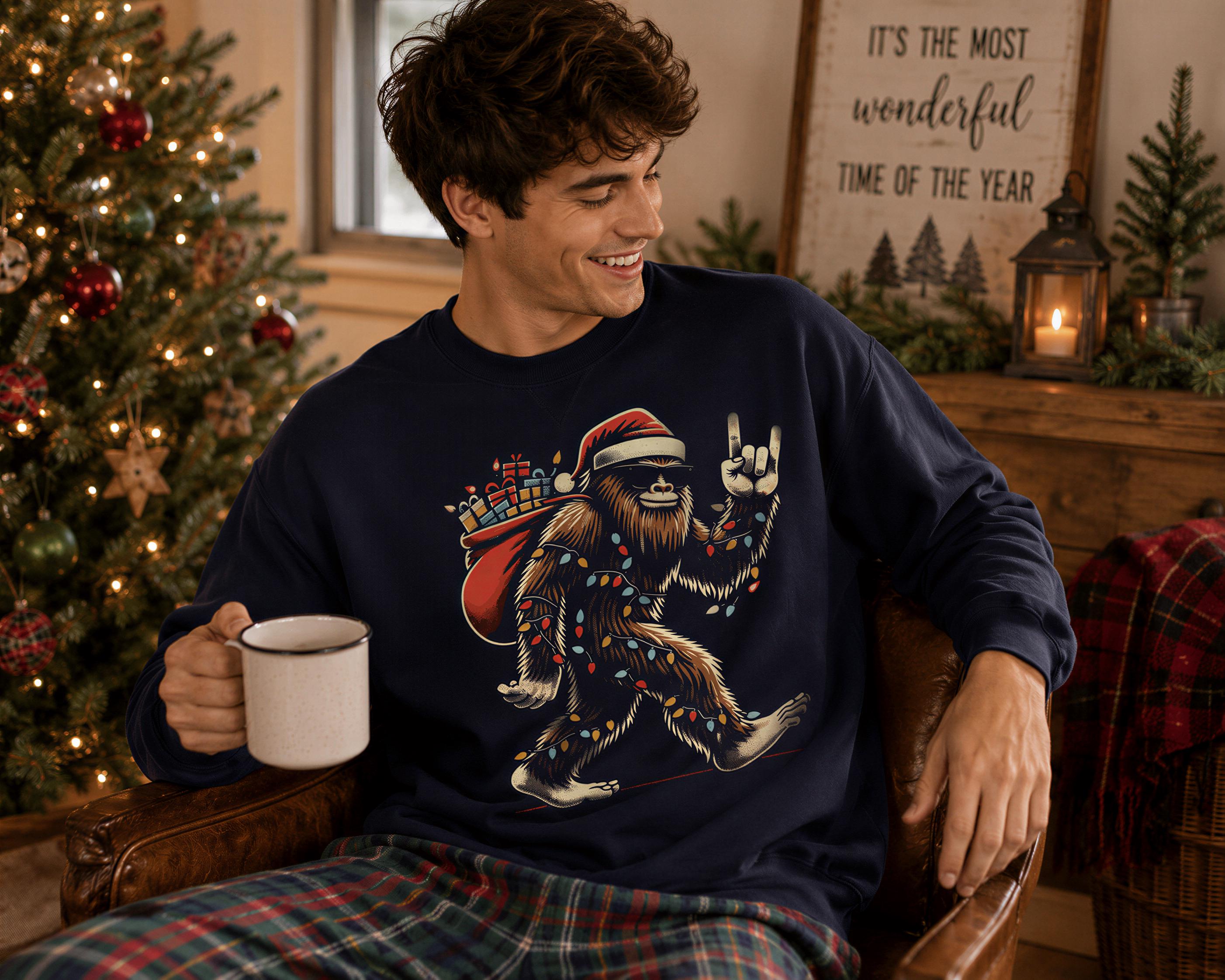 A man wearing a blue sweatshirt with a graphic of a smiling gorilla holding a mug and a guitar, sitting in a chair in front of a Christmas tree.