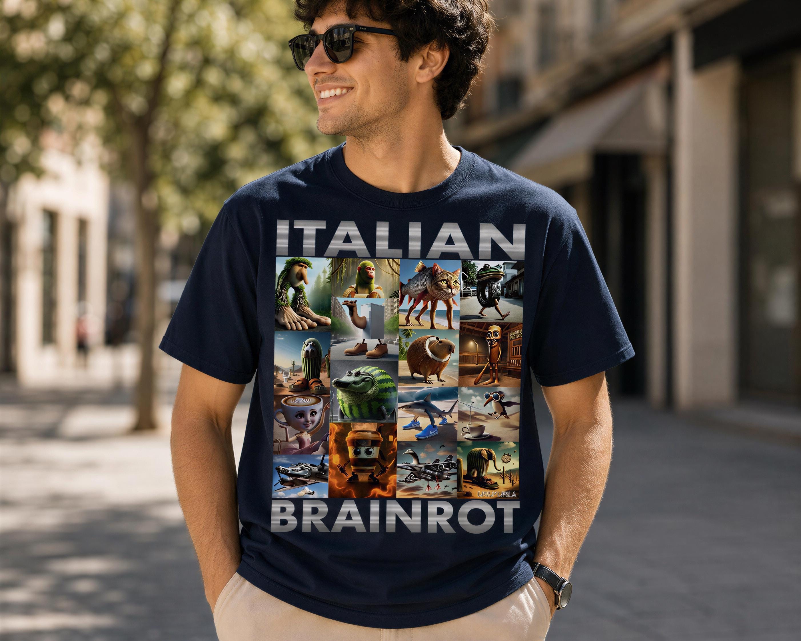 A man wearing a navy blue t-shirt with a collage of various images, including animals, people, and other objects, along with the text "ITALIAN BRAINROT" printed on it.