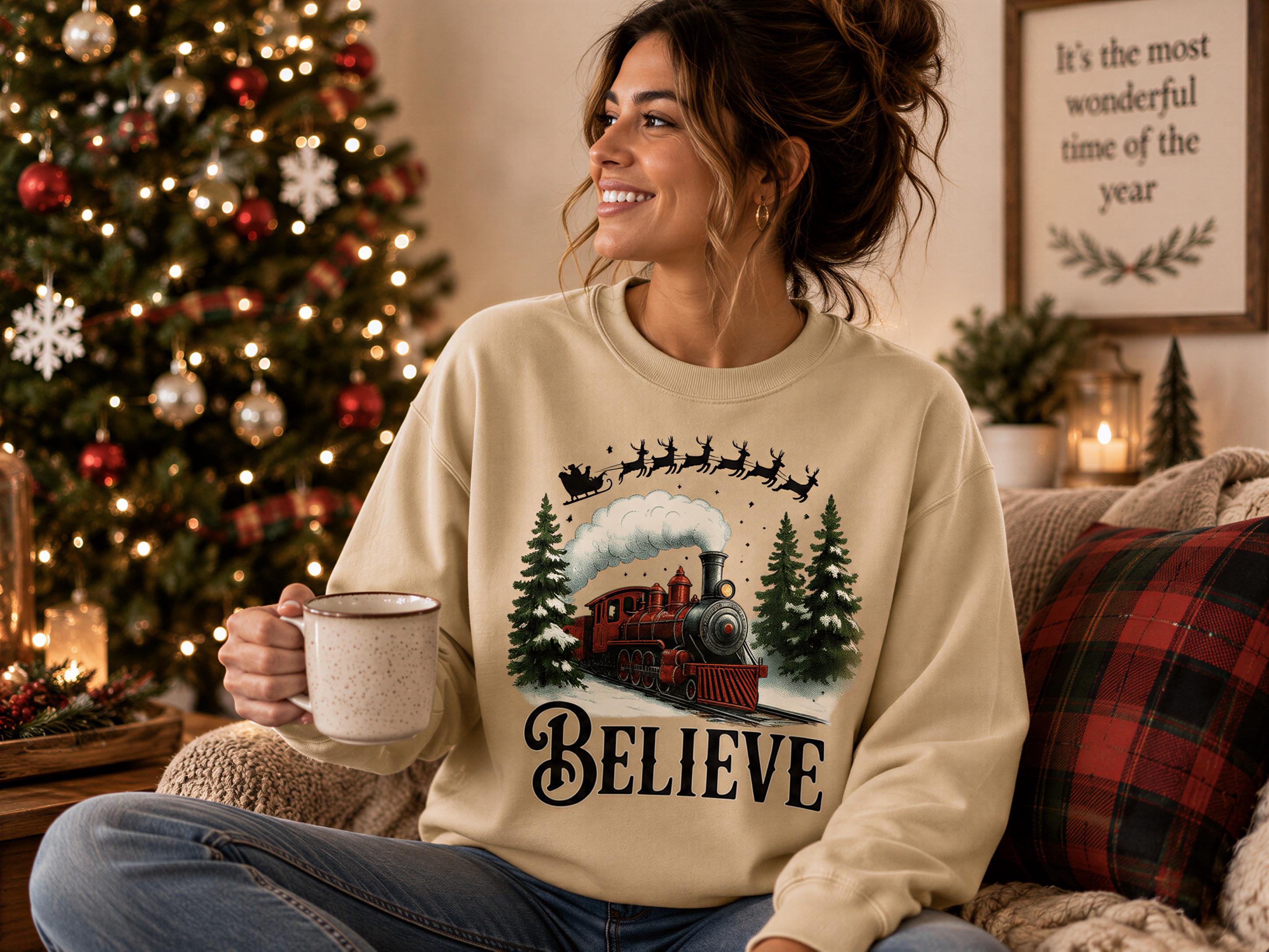A woman wearing a beige sweater with a Christmas-themed design is sitting on a couch, holding a mug and smiling.