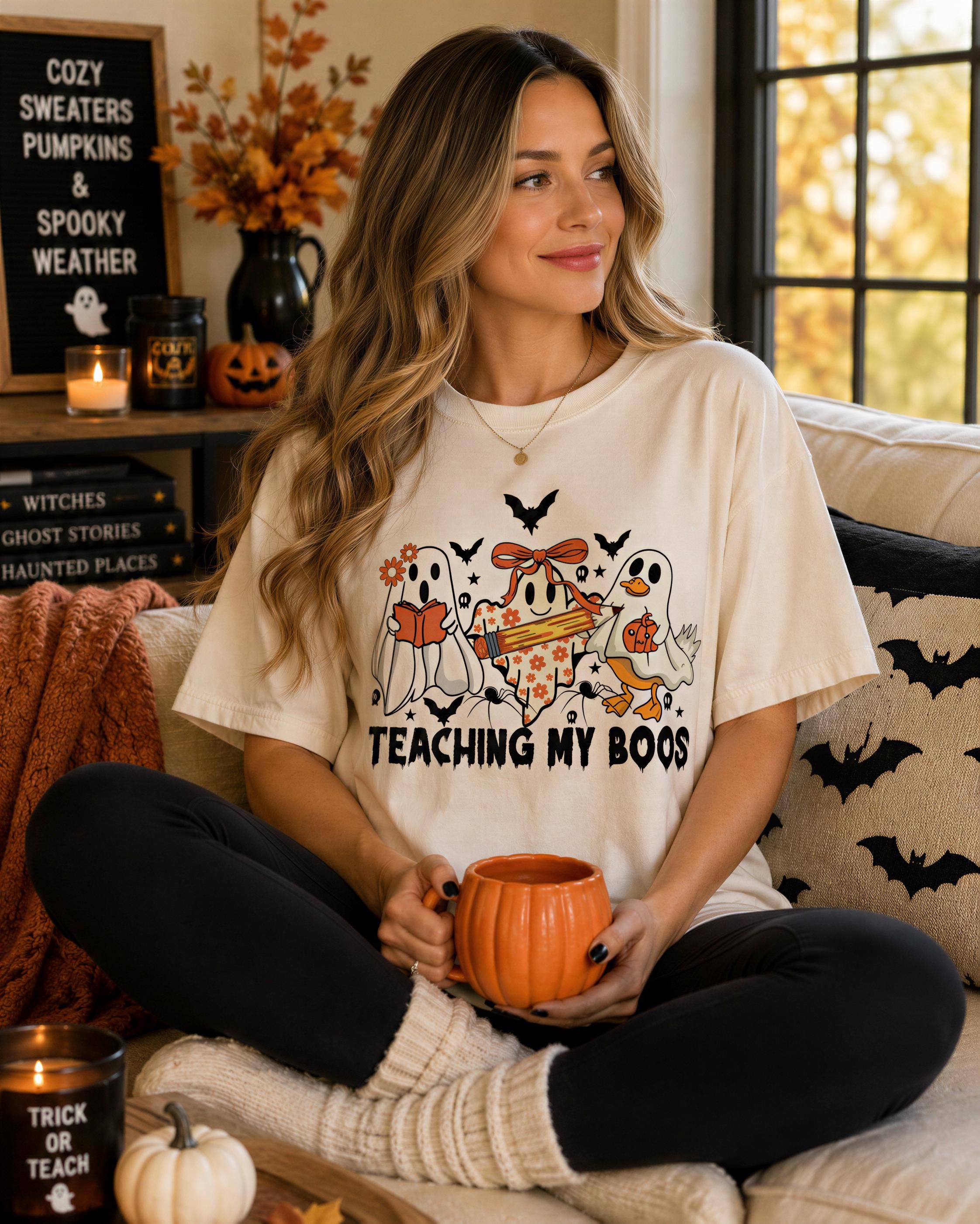 A woman sitting on a couch wearing a white t-shirt with a graphic of ghost characters and the text "Teaching my Boo's". She is holding a pumpkin-shaped mug and appears to be enjoying a cozy, autumnal atmosphere.