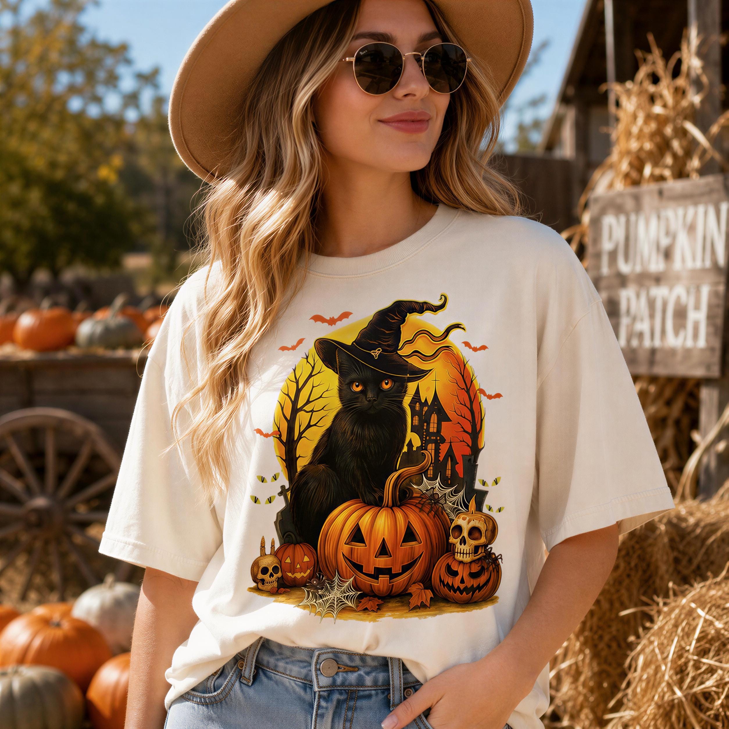 A woman wearing a white t-shirt with a Halloween-themed graphic of a black cat, pumpkins, and a witch's hat stands in front of a pumpkin patch.