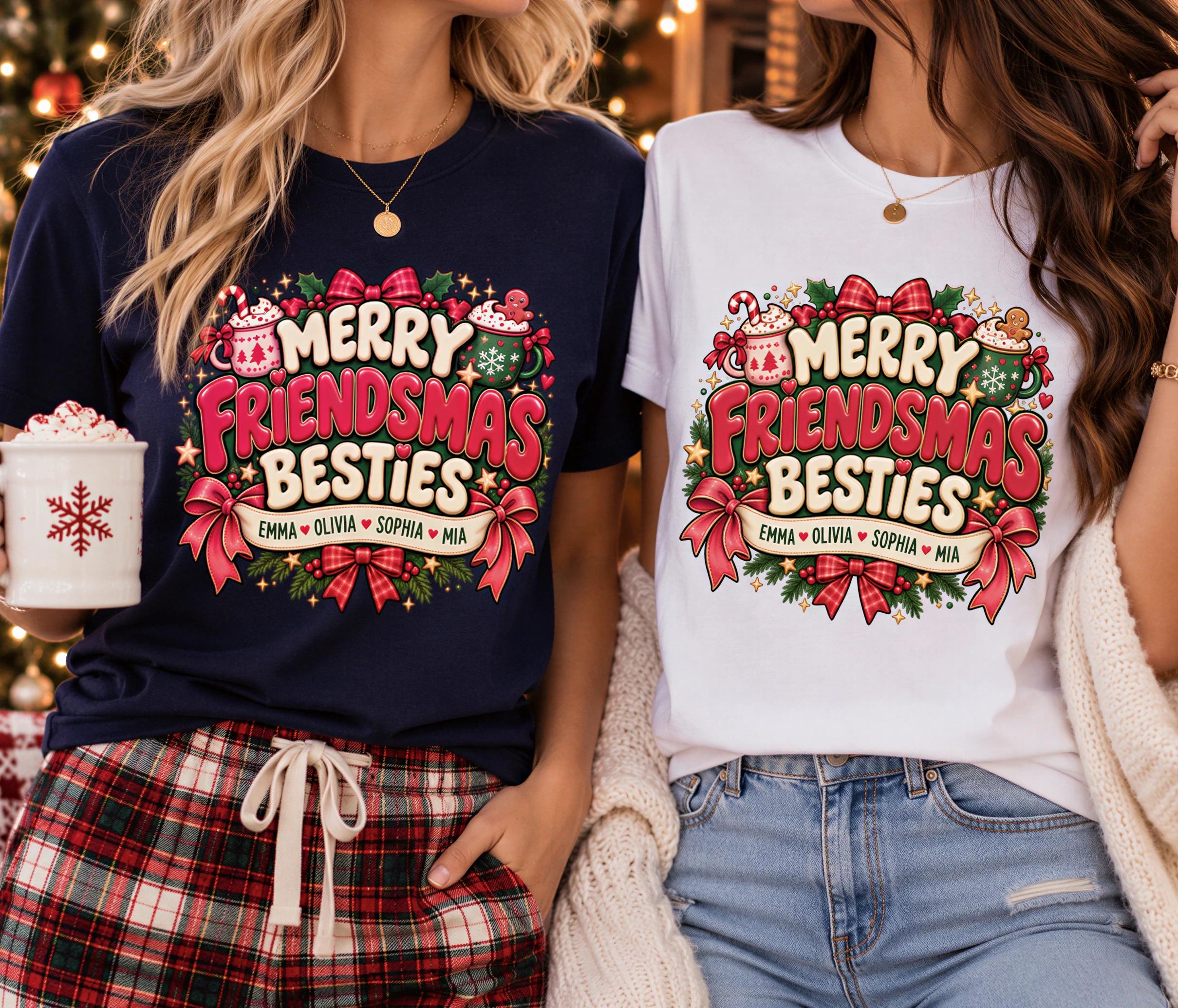 Two women wearing Christmas-themed t-shirts are standing together, one holding a mug.