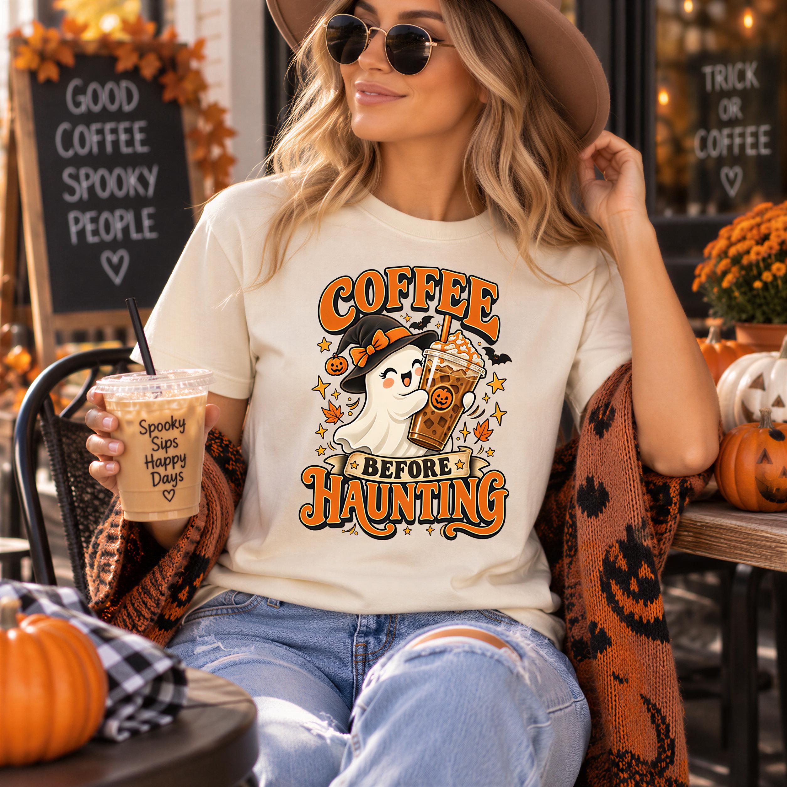 A woman wearing a white t-shirt with a Halloween-themed graphic and holding a coffee drink, sitting in an outdoor setting with fall decorations and pumpkins.