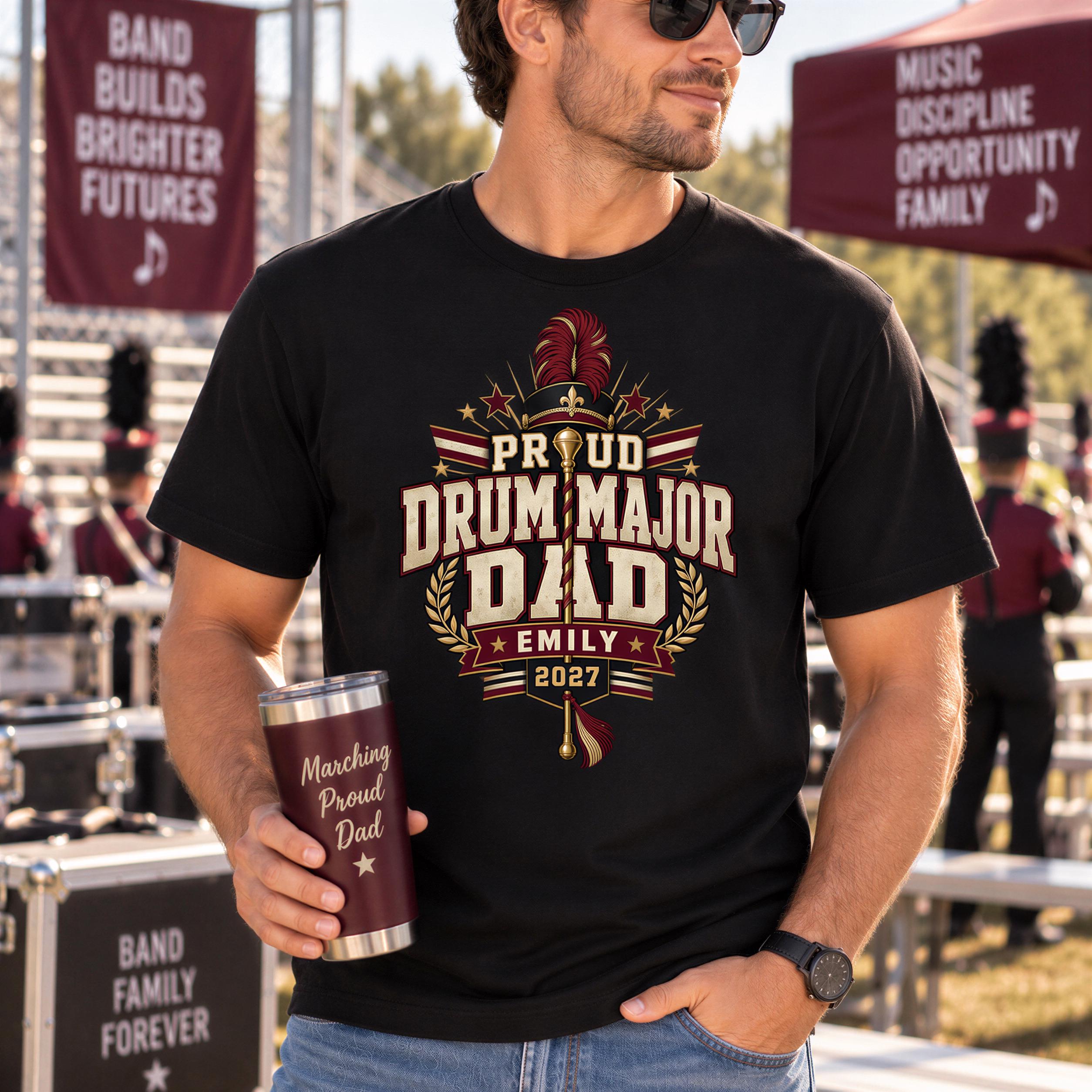 A man wearing a black t-shirt with a drum major design and holding a mug with a design that says "MARCHING PROUD DAD" is standing in front of a marching band.