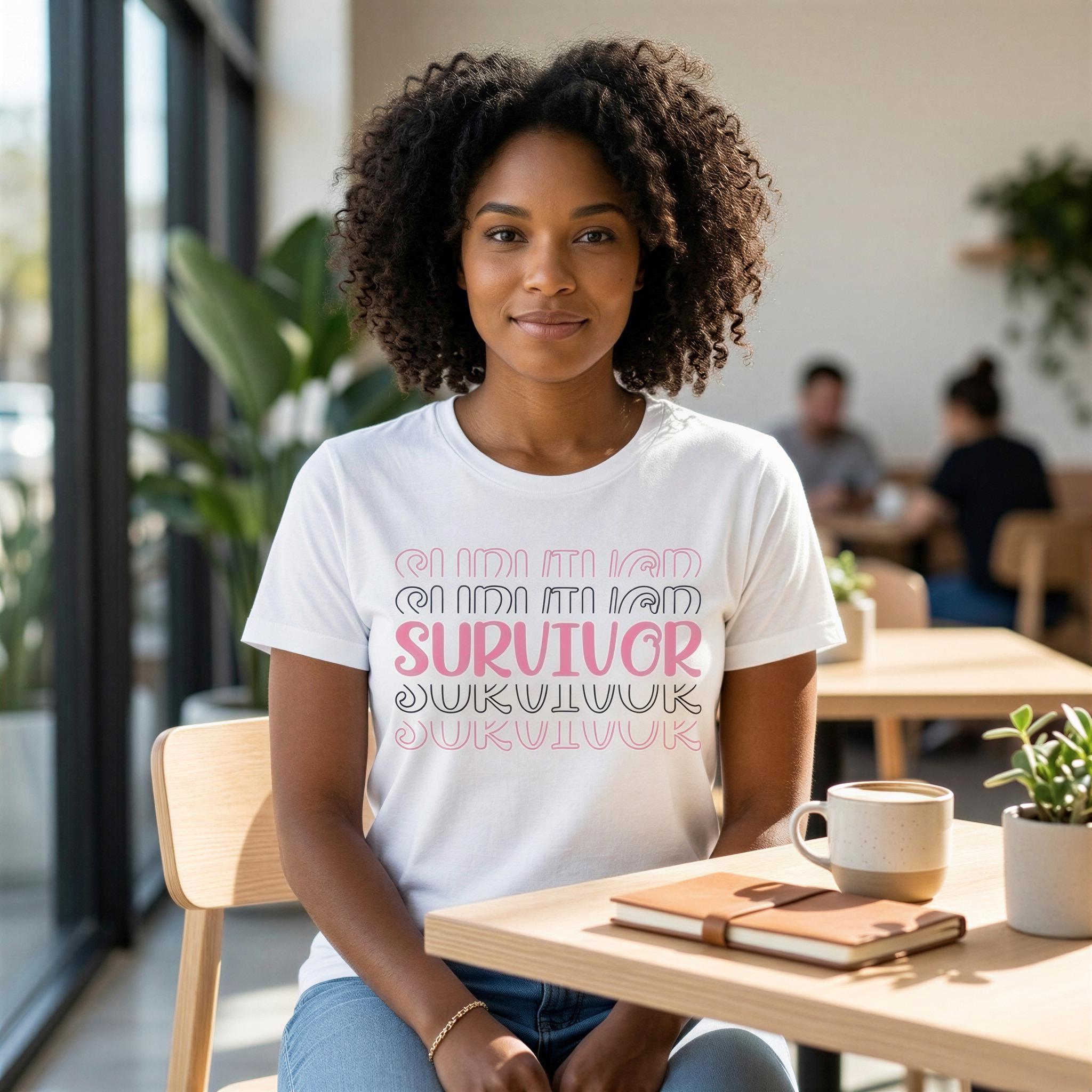 A woman with curly hair wearing a white t-shirt with pink text sits at a table in a cafe.