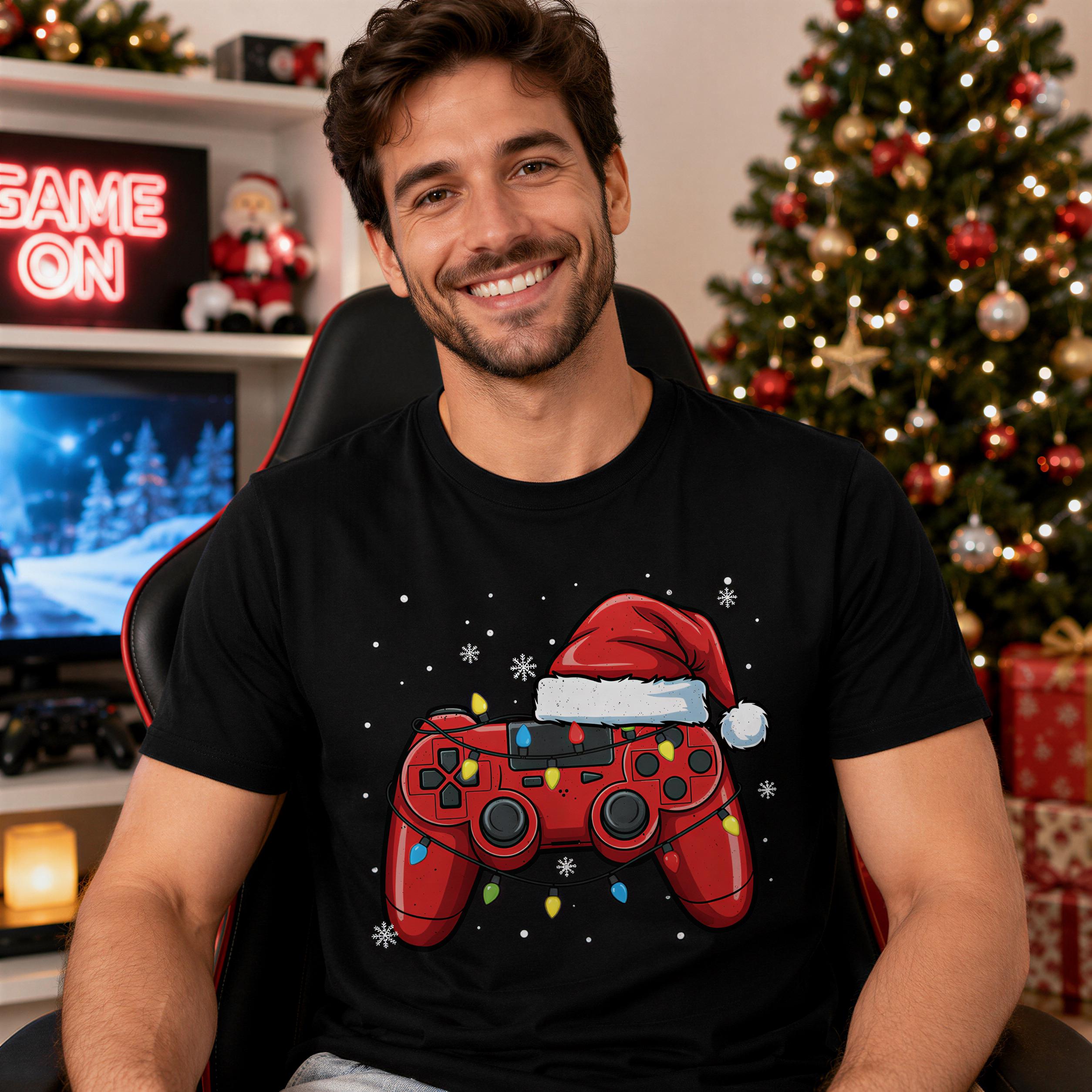 A man wearing a black t-shirt with a red video game controller and a Santa hat is smiling in front of a Christmas tree.