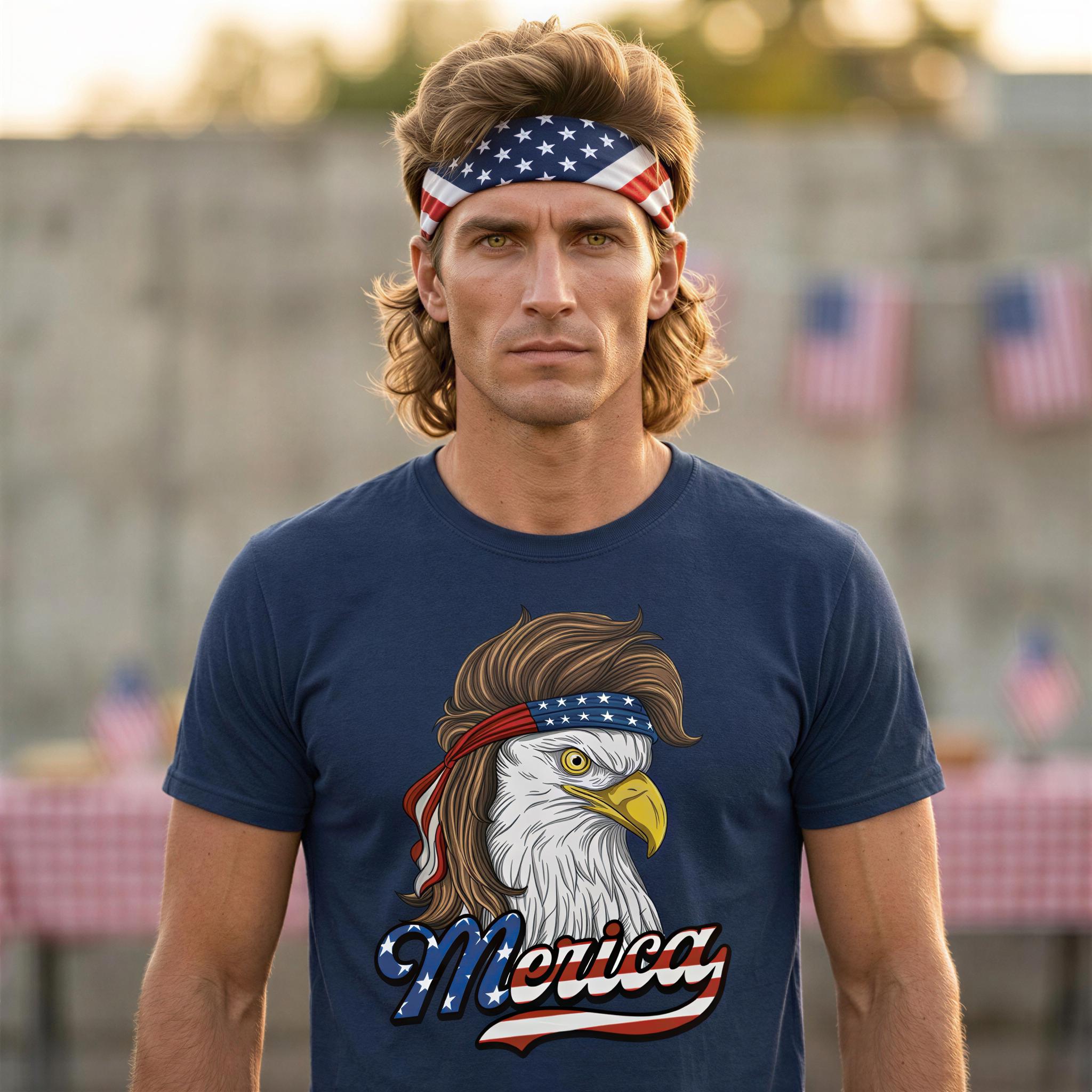A man wearing a blue t-shirt with an eagle headband and the word "Merica" printed on it, standing in front of a brick wall with American flags.