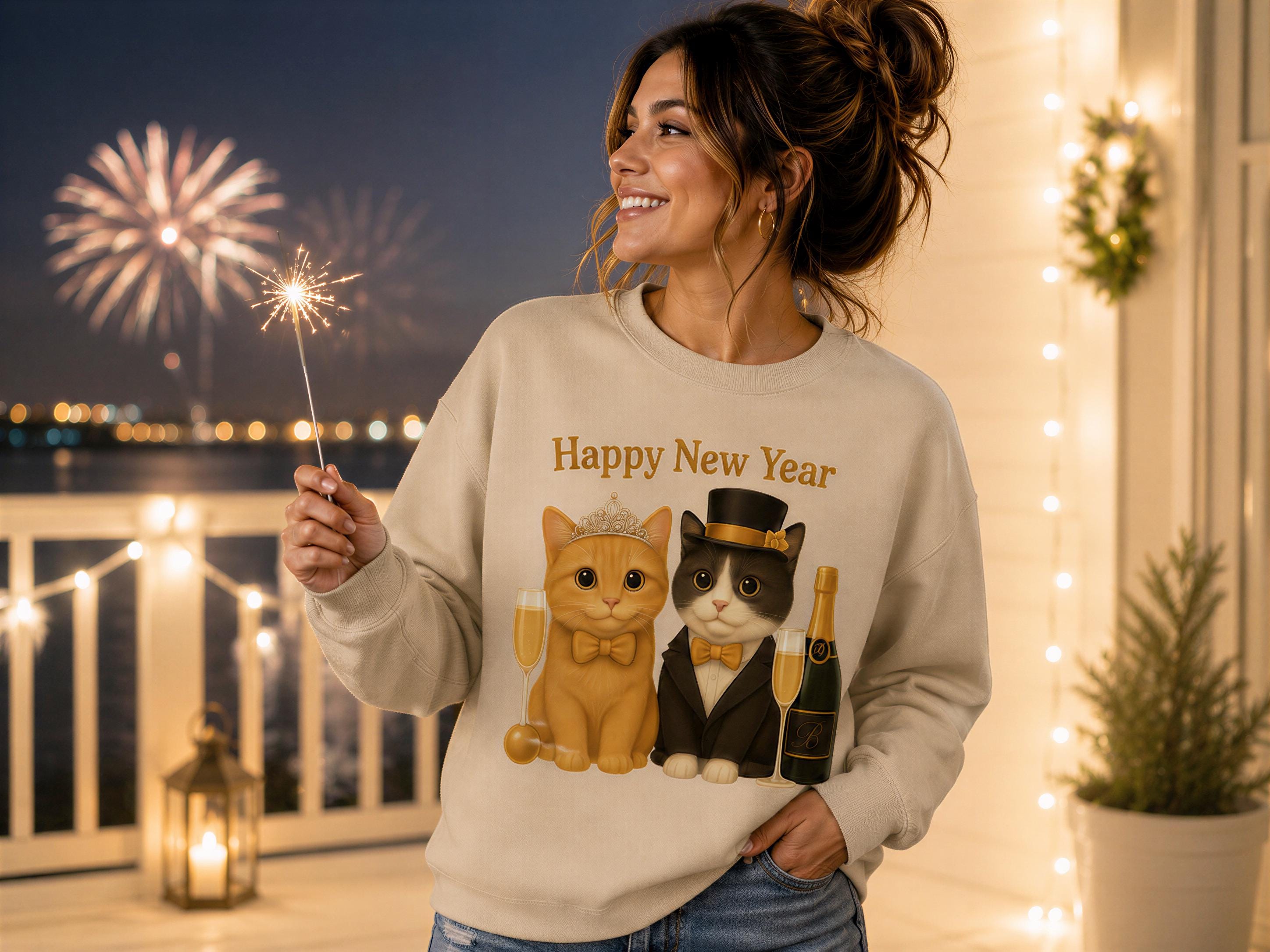 A woman is holding a sparkler and smiling, wearing a sweater with a graphic of two cats dressed in formal attire, with a fireworks display in the background.