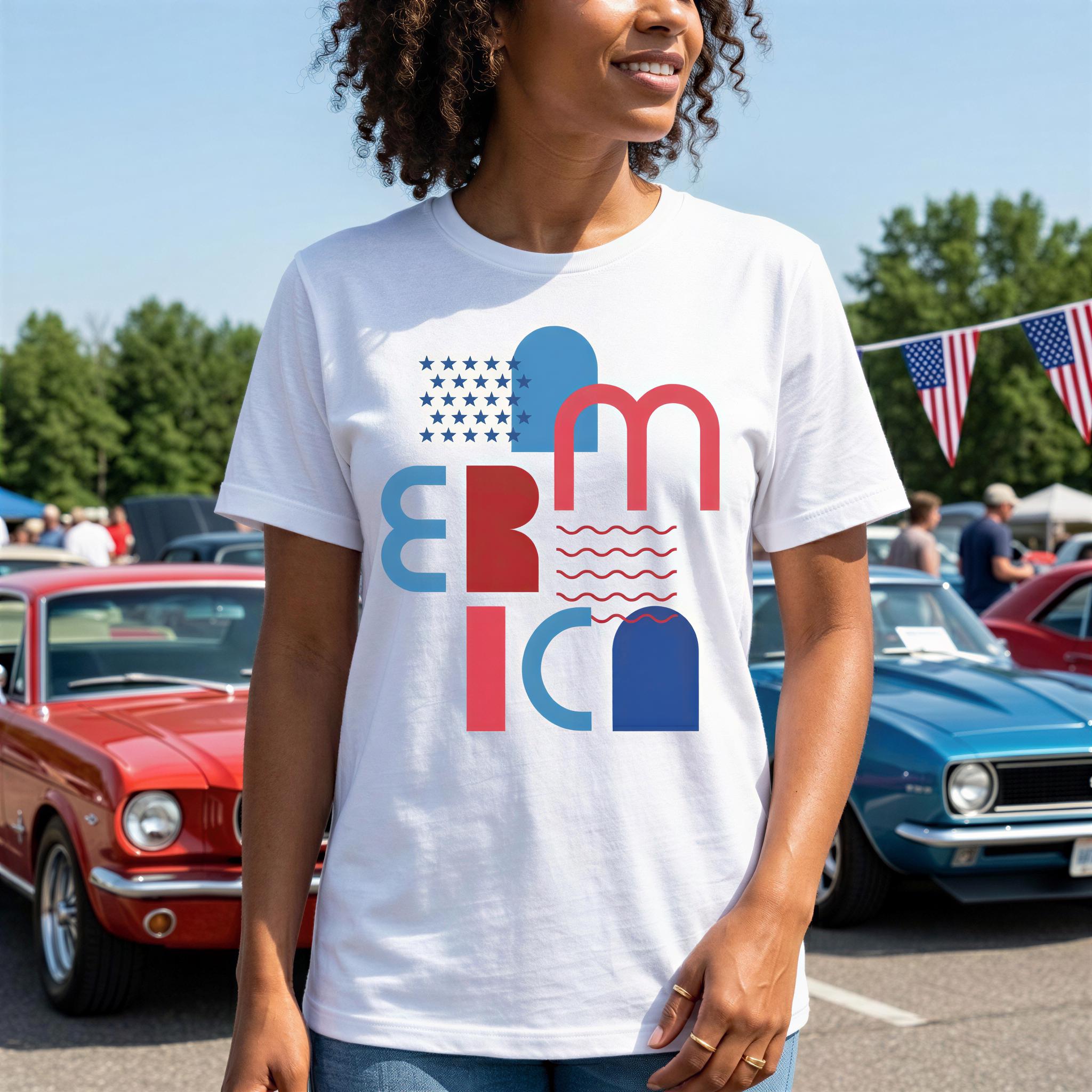 A woman wearing a white t-shirt with a graphic design of the word "EMERICA" in red, white, and blue colors.