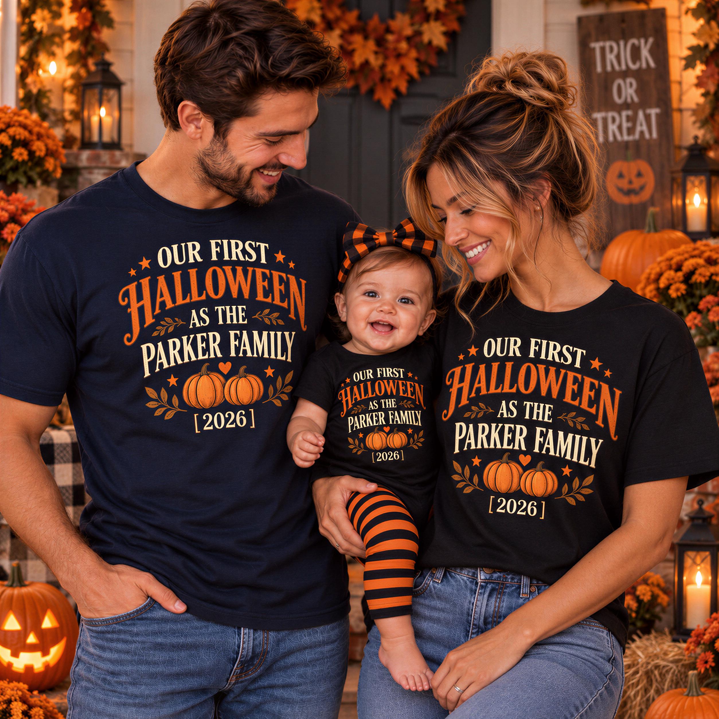 A family of three, consisting of a man, a woman, and a baby, is posing for a photo in front of a Halloween-themed backdrop. They are all wearing matching t-shirts with the text "Our first Halloween as the Parker family (2026)" printed on them.