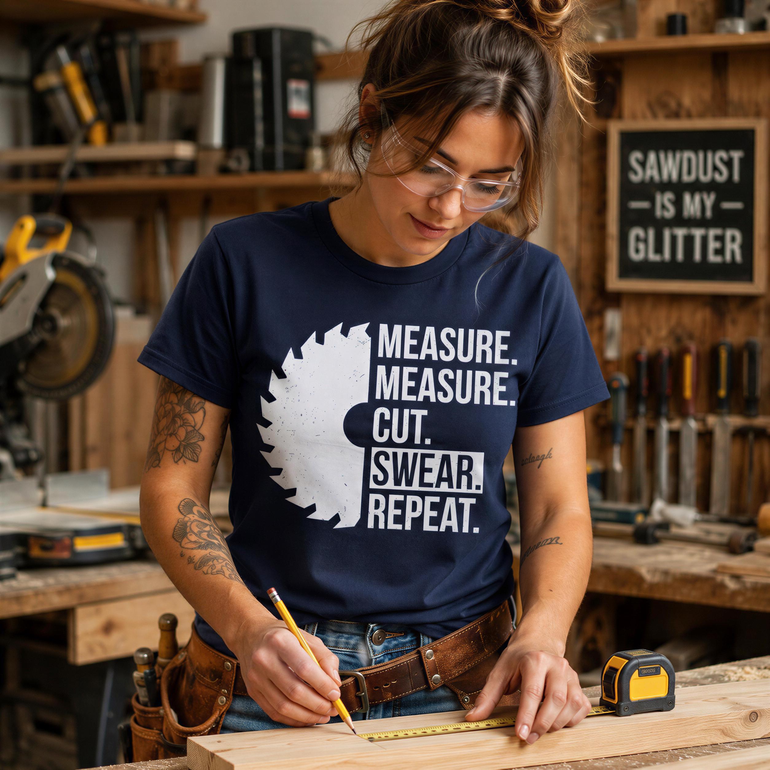A woman wearing a blue t-shirt with a humorous message is working on a woodworking project in a workshop filled with tools and equipment.
