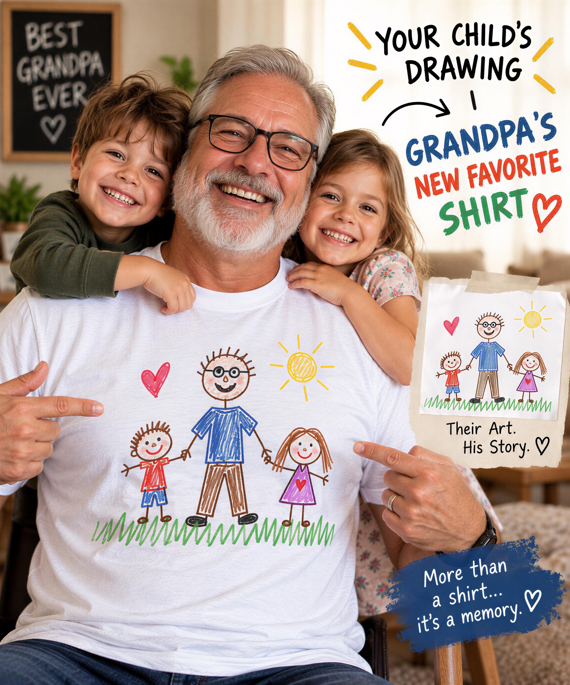 A smiling older man wearing a white t-shirt with a drawing of a family, including a father, son, and daughter, is holding a drawing of a family and pointing to it. The image also includes text that says "Your child's drawing", "GRANDPA'S NEW FAVORITE SHIRT", and "Their Art. His Story. Heart".