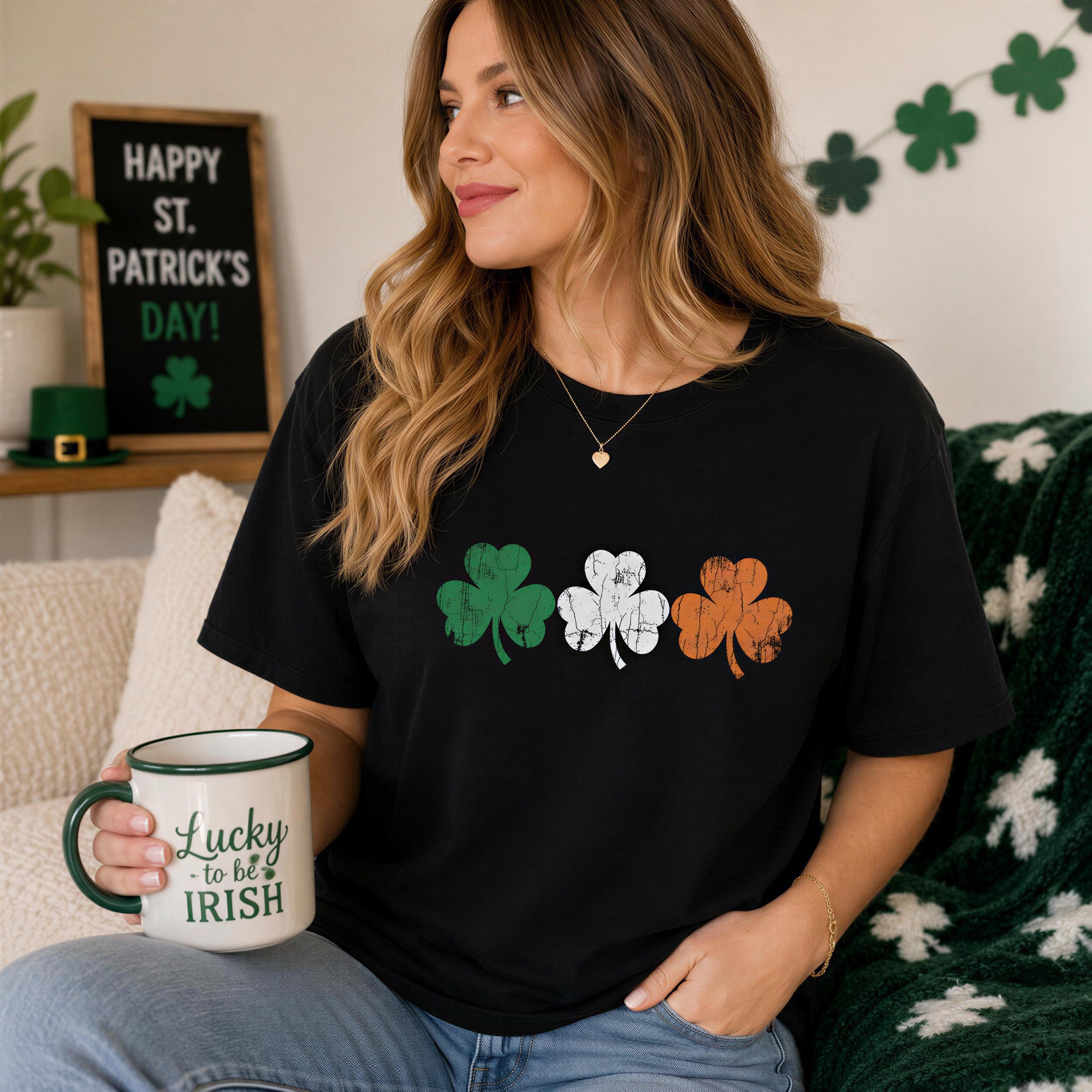 A woman wearing a black t-shirt with Irish symbols and holding a mug with the text "Lucky to be Irish" is sitting on a couch.