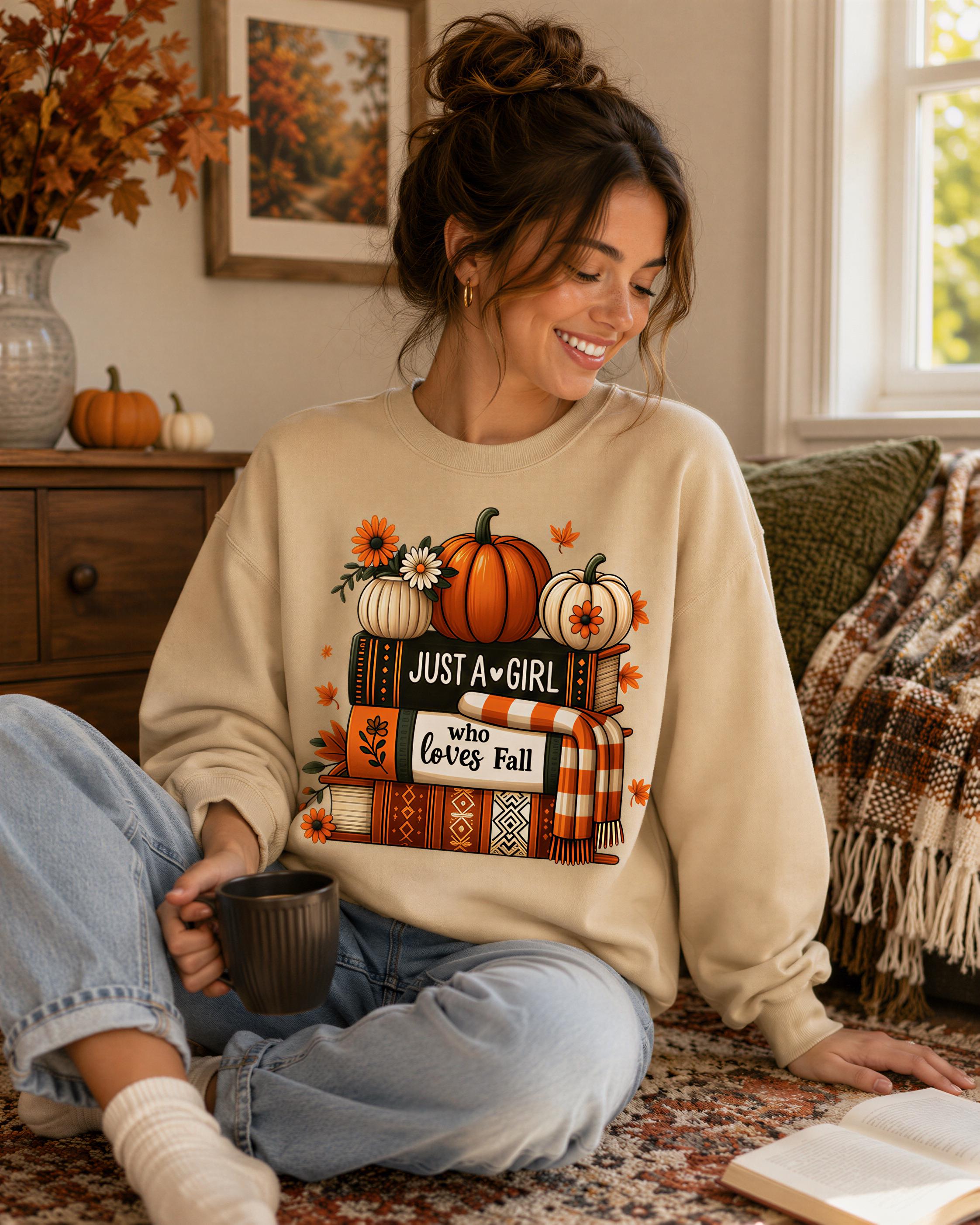 A woman sitting on the floor, wearing a beige sweatshirt with a graphic design of pumpkins and books, and holding a mug.