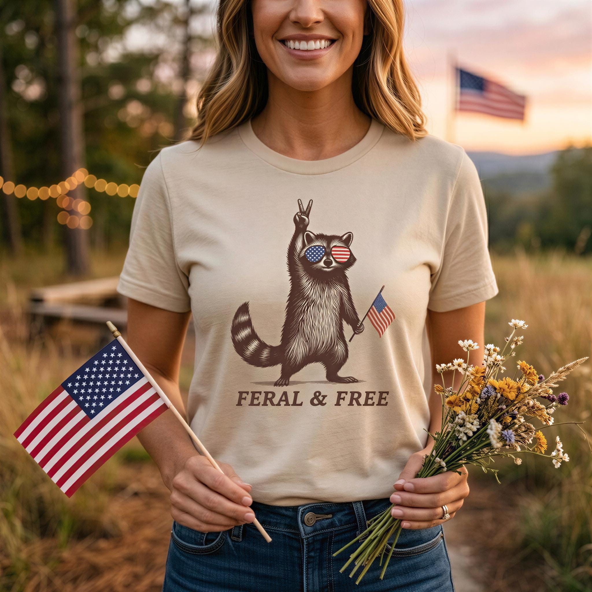 A woman wearing a t-shirt with a raccoon graphic and the text "Feral & Free" is holding a bouquet of flowers and an American flag.