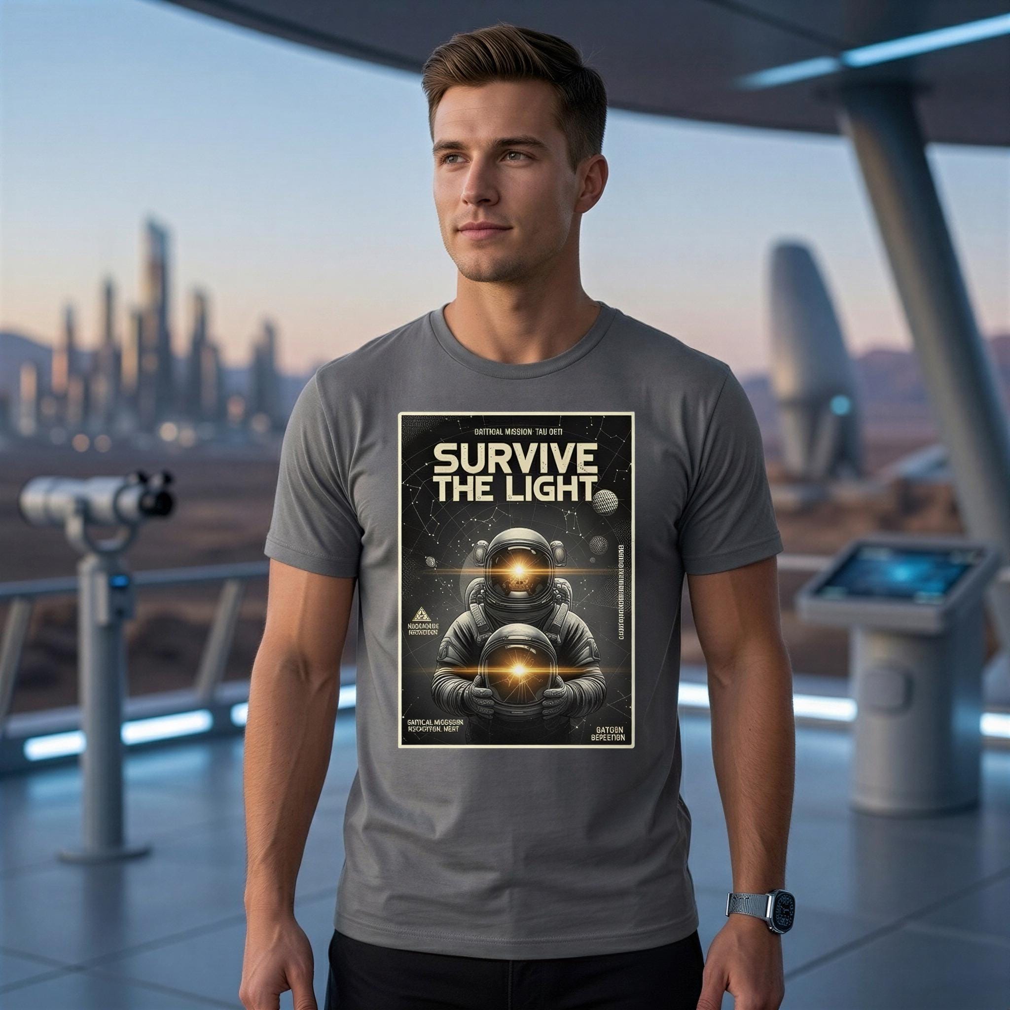 A man wearing a gray t-shirt with a graphic design of a space suit and the text "SURVIVE THE LIGHT" printed on it, standing in front of a futuristic cityscape.