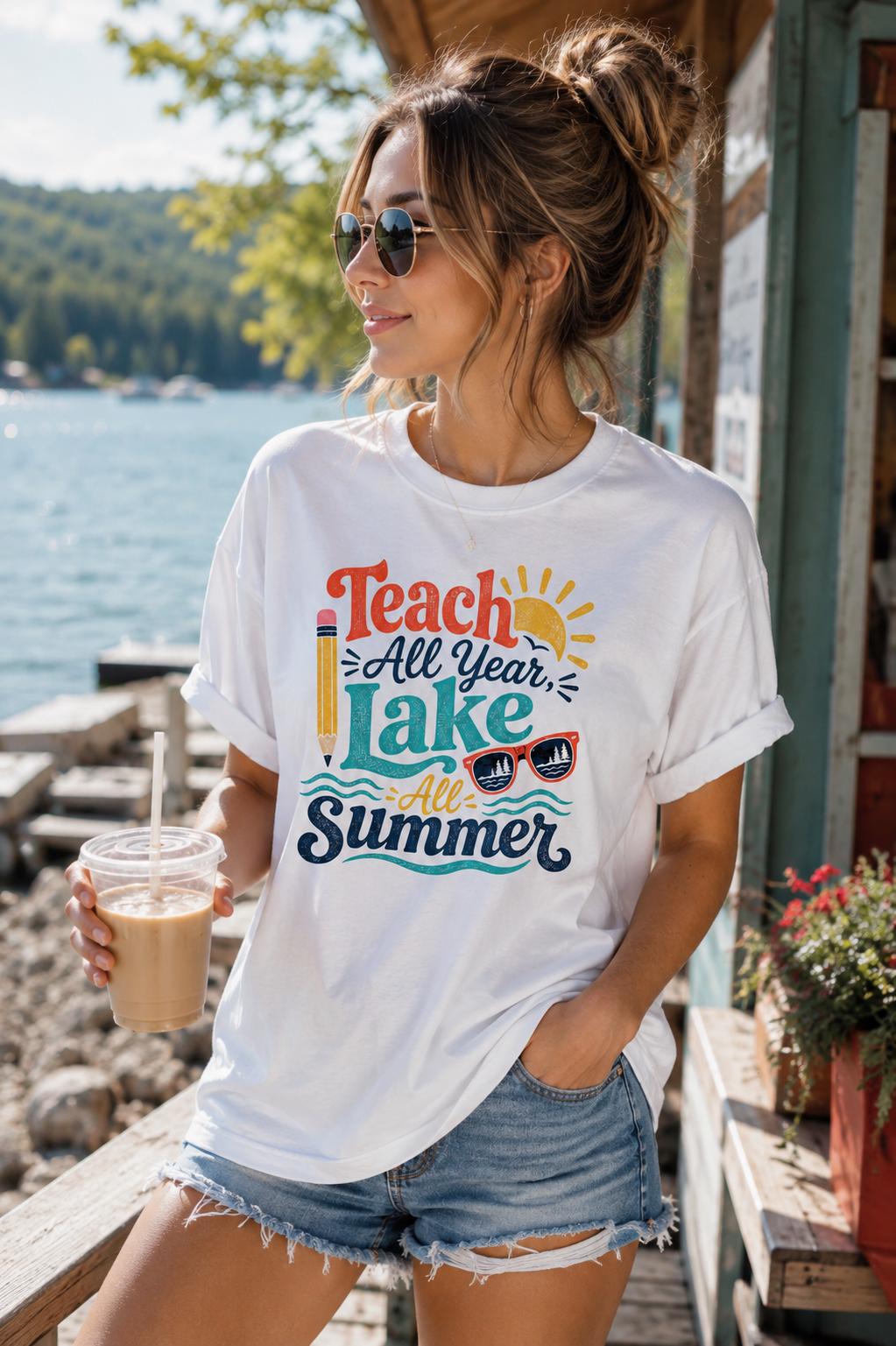 A woman wearing a white t-shirt with a colorful graphic design and sunglasses is standing near a body of water, holding a drink.
