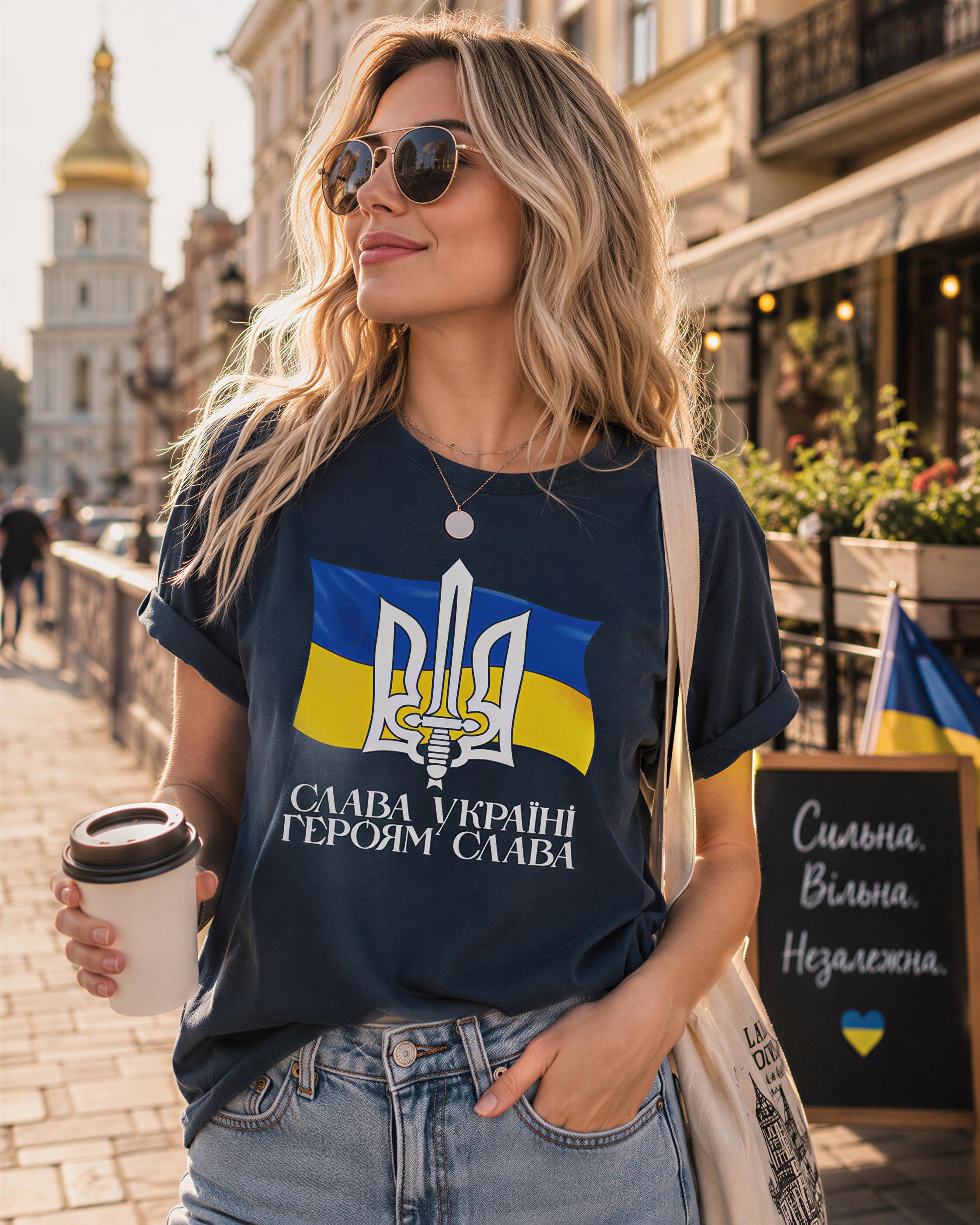 A woman wearing a blue t-shirt with a Ukrainian flag design and sunglasses is standing on a city street, holding a coffee cup.