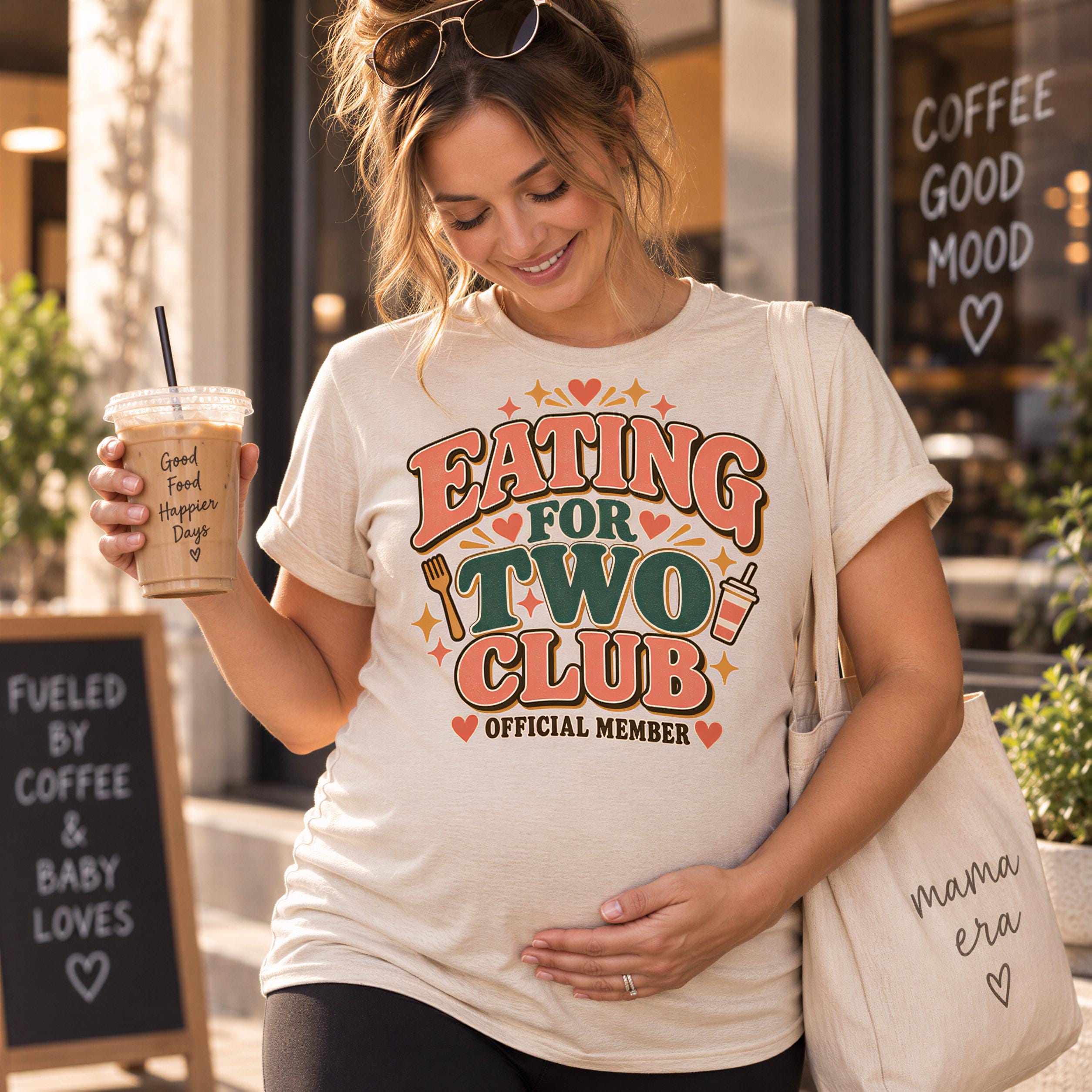 A woman wearing a t-shirt with a humorous text and holding a coffee cup is standing in front of a storefront.