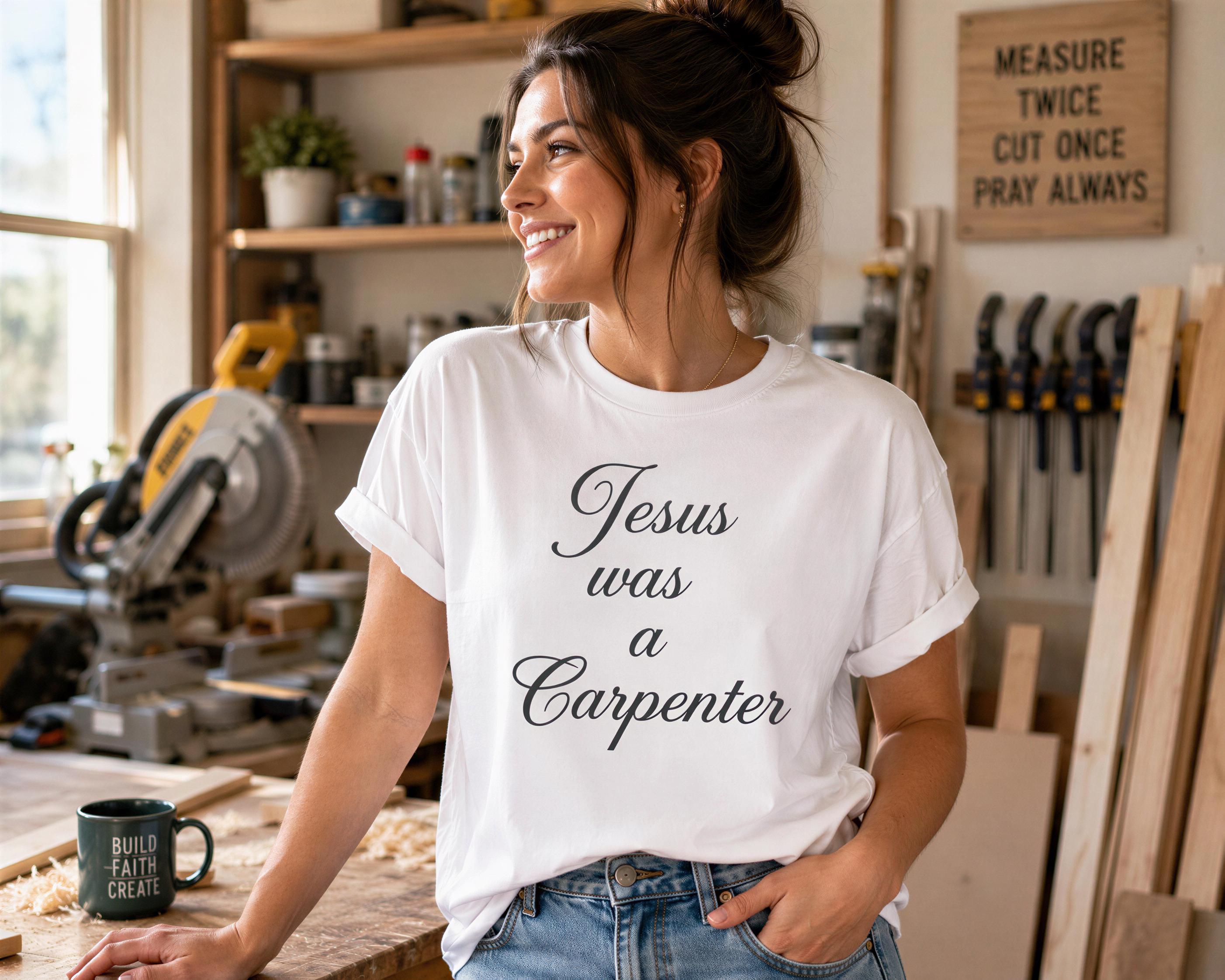 A woman wearing a white t-shirt with the text "Jesus was a Carpenter" is smiling and leaning against a workbench in a workshop.